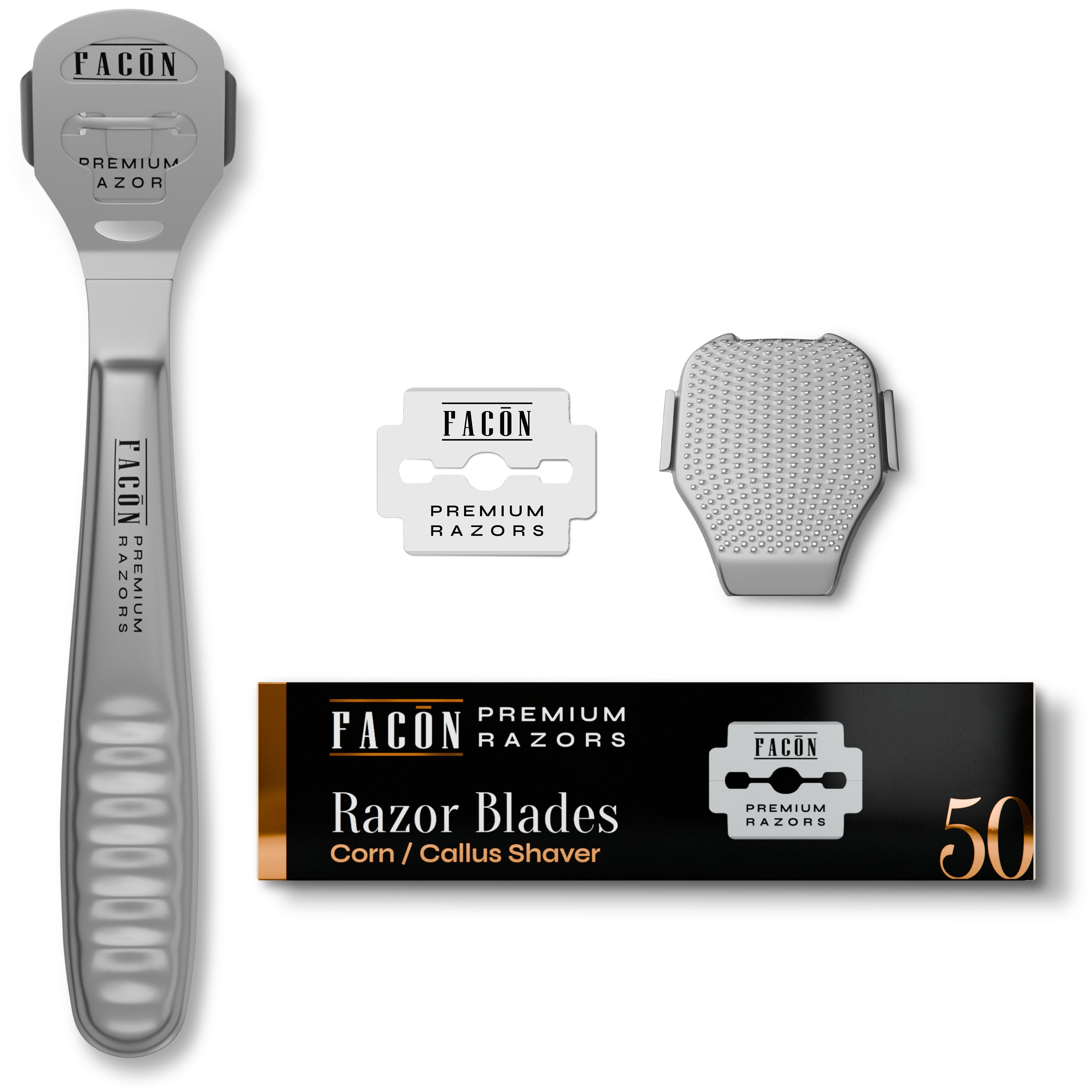Facón Professional Callus Shaver Remover with 50 Blades, Pedicure Razor for Feet & Hands, Foot Razor for Callus Removal, Callus Blade Remover, Corn Shaver, Surgical Grade Premium Stainless Steel Tool