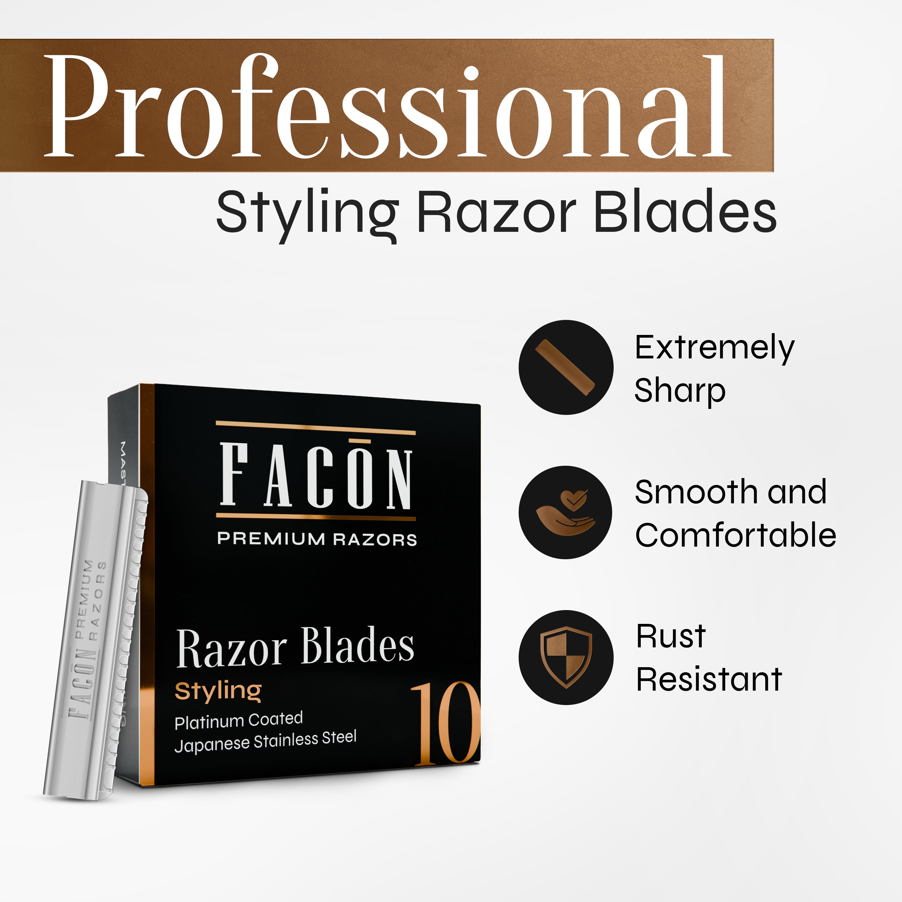 Facón Professional Beard Razor for Men Replacement Blades, Premium Razor Blades for Mustache Shaper, Beard Edger & Hair Lineup, Platinum Japanese Stainless Steel for Smooth & Precise Shave - 10 Count