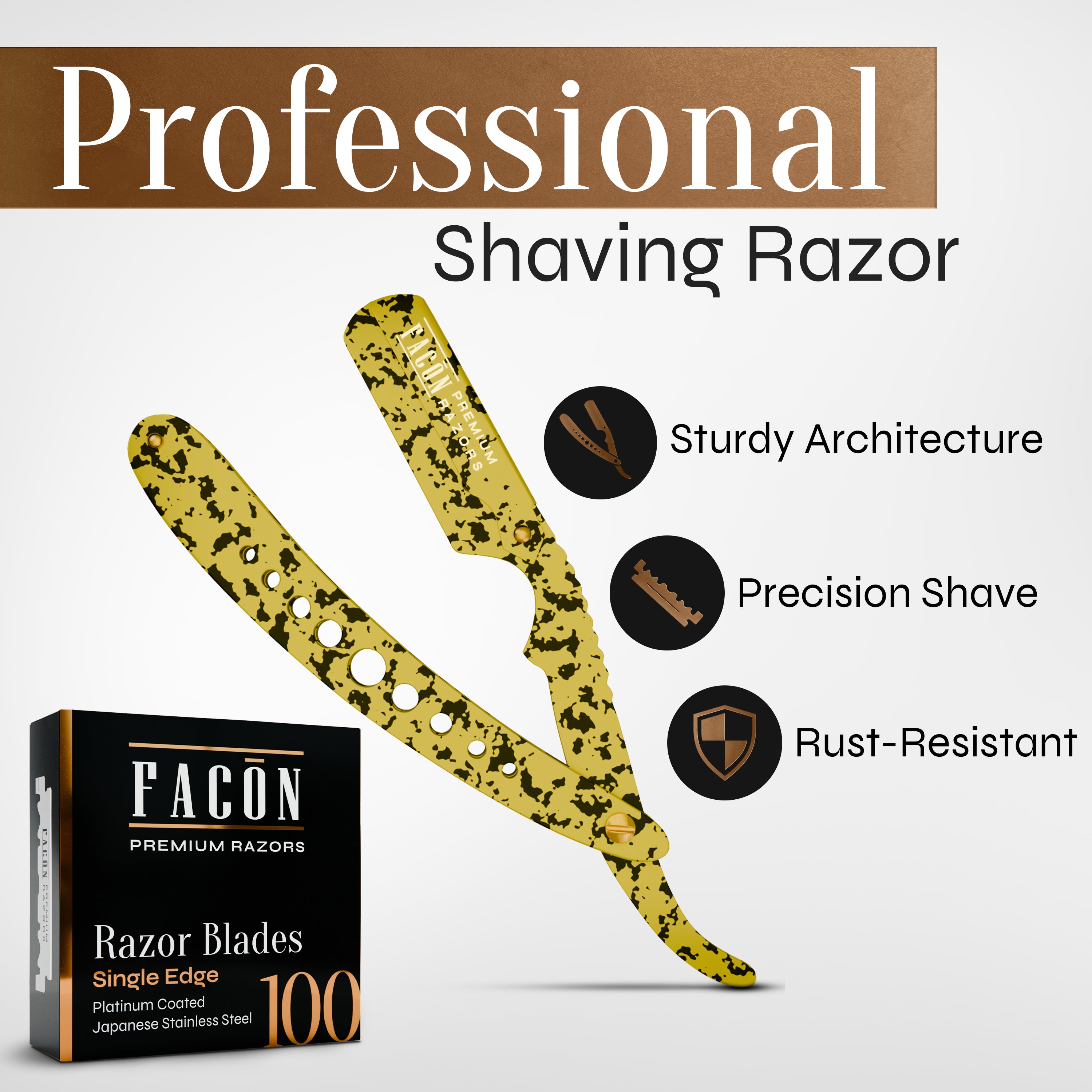 Facón Straight Razors for Men - Professional Barber Straight Edge Razor Kit with 100 Blades, Classic Stainless Steel Barbero Shaver for a Smooth & Precise Shave, Premium Barber Razor for Men's Shaving
