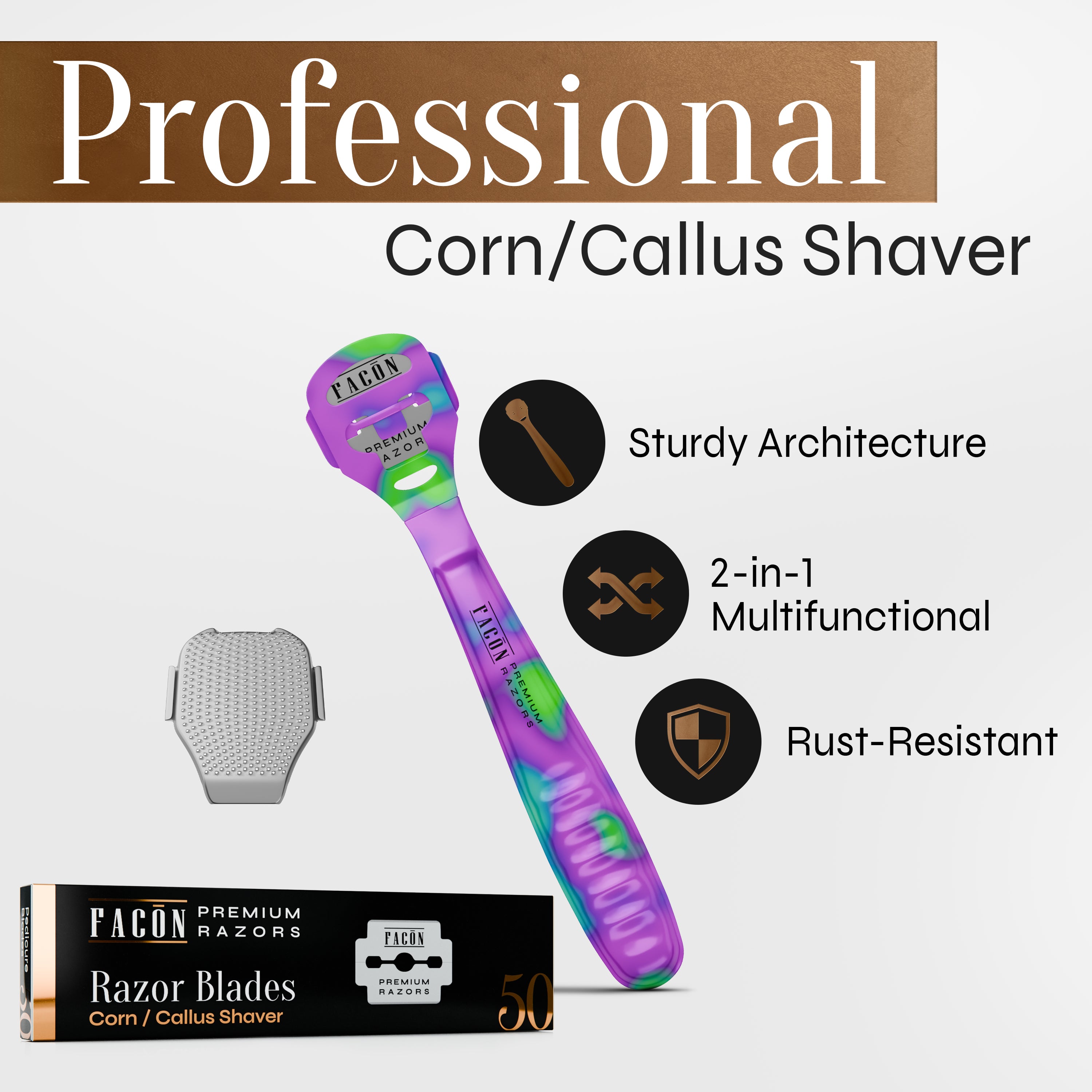 Facón Professional Callus Shaver Remover with 50 Blades, Pedicure Razor for Feet & Hands, Foot Razor for Callus Removal, Callus Blade Remover, Corn Shaver, Surgical Grade Premium Stainless Steel Tool