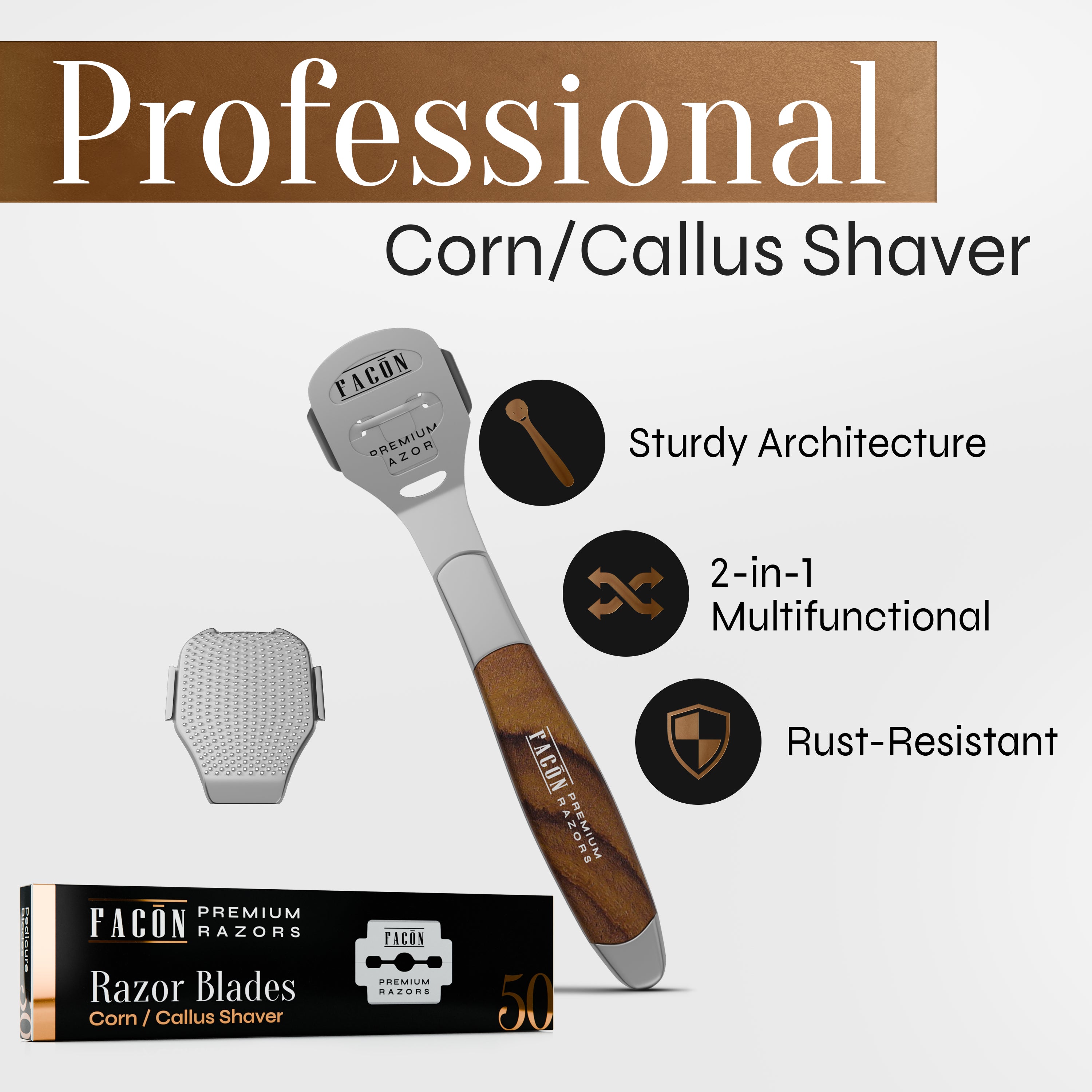Facón Professional Callus Shaver Remover with 50 Blades, Pedicure Razor for Feet & Hands, Foot Razor for Callus Removal, Callus Blade Remover, Corn Shaver, Surgical Grade Premium Stainless Steel Tool