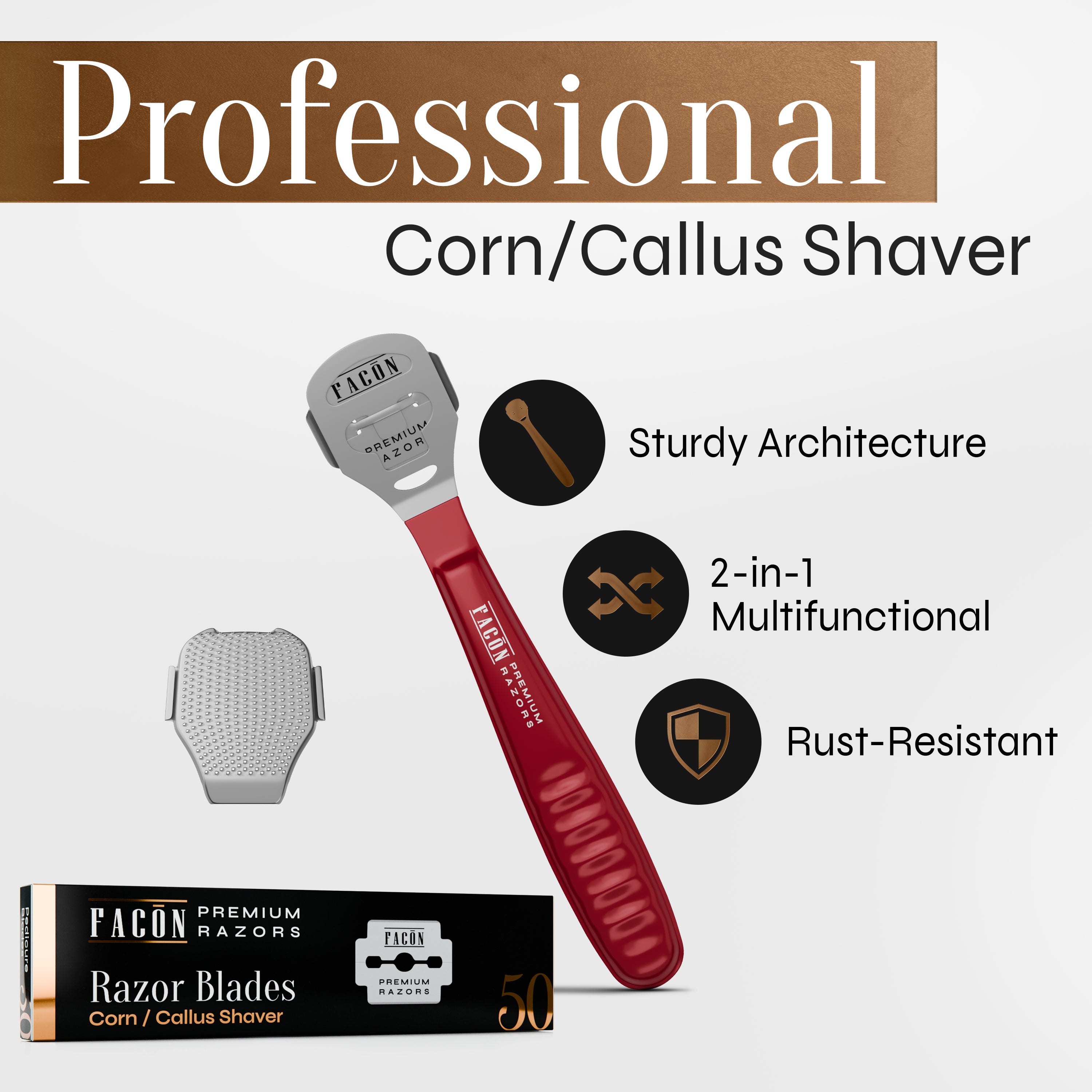 Facón Professional Callus Shaver Remover with 50 Blades, Pedicure Razor for Feet & Hands, Foot Razor for Callus Removal, Callus Blade Remover, Corn Shaver, Surgical Grade Premium Stainless Steel Tool