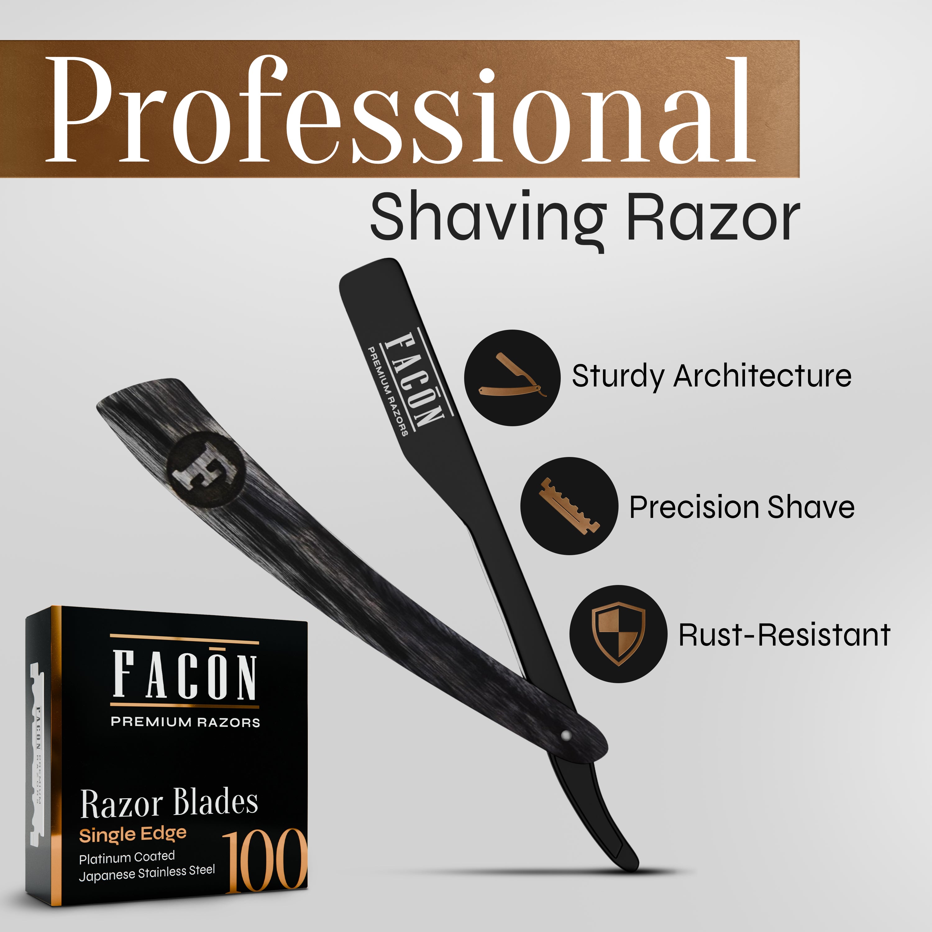 Facón Straight Razors for Men - Professional Barber Straight Edge Razor Kit with 100 Blades, Wooden Stainless Steel Barbero Shaver for a Smooth & Precise Shave, Premium Barber Razor for Men's Shaving