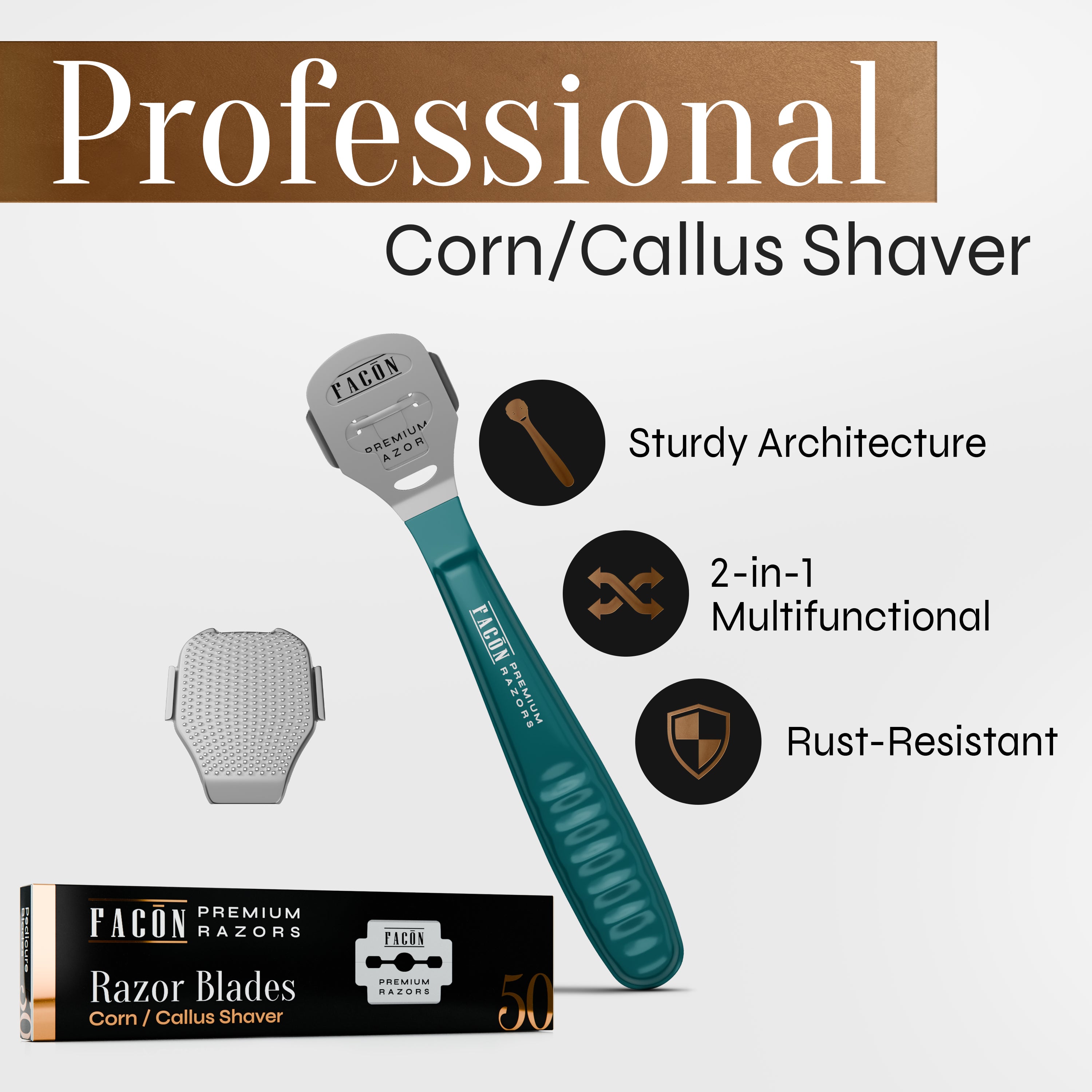 Facón Professional Callus Shaver Remover with 50 Blades, Pedicure Razor for Feet & Hands, Foot Razor for Callus Removal, Callus Blade Remover, Corn Shaver, Surgical Grade Premium Stainless Steel Tool