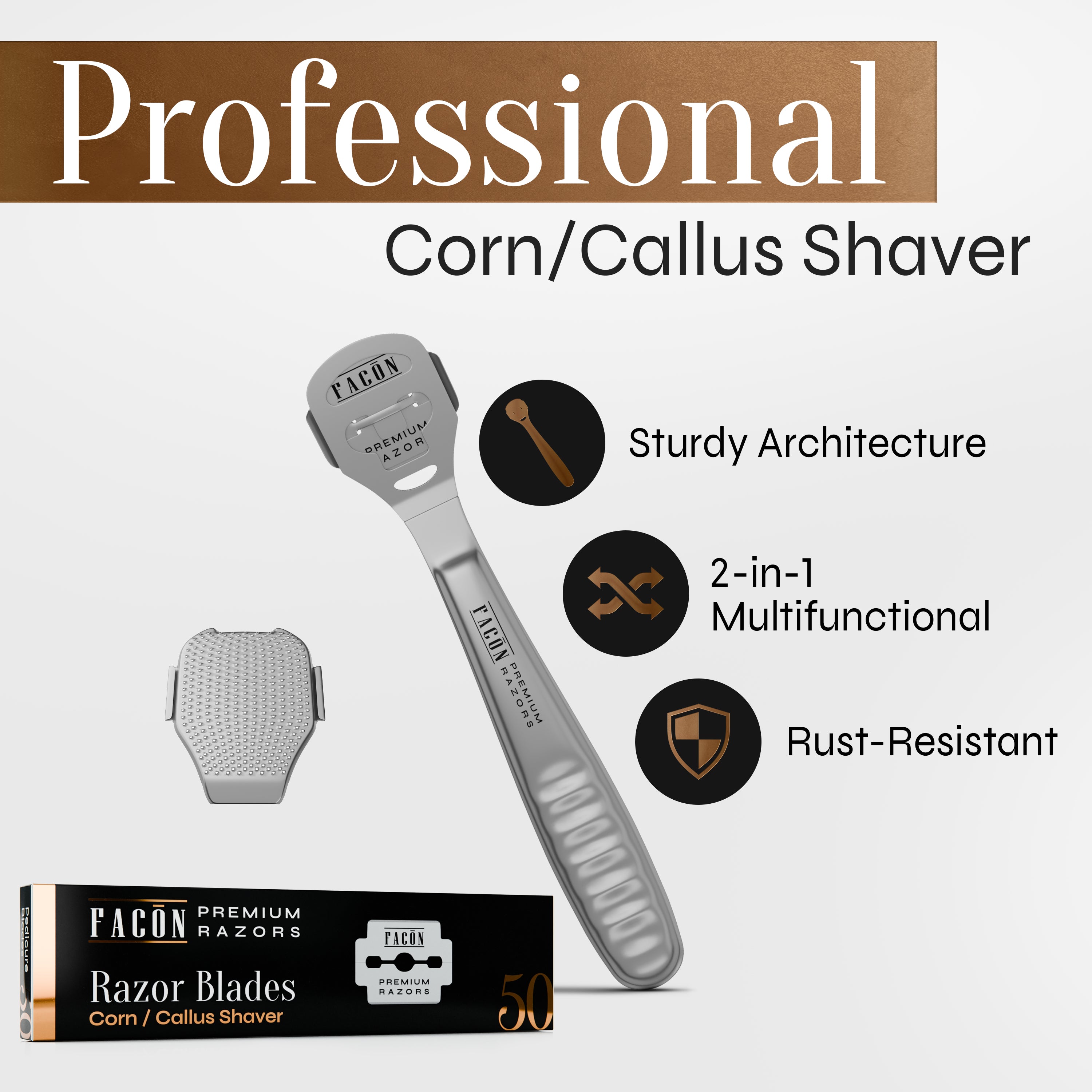 Facón Professional Callus Shaver Remover with 50 Blades, Pedicure Razor for Feet & Hands, Foot Razor for Callus Removal, Callus Blade Remover, Corn Shaver, Surgical Grade Premium Stainless Steel Tool