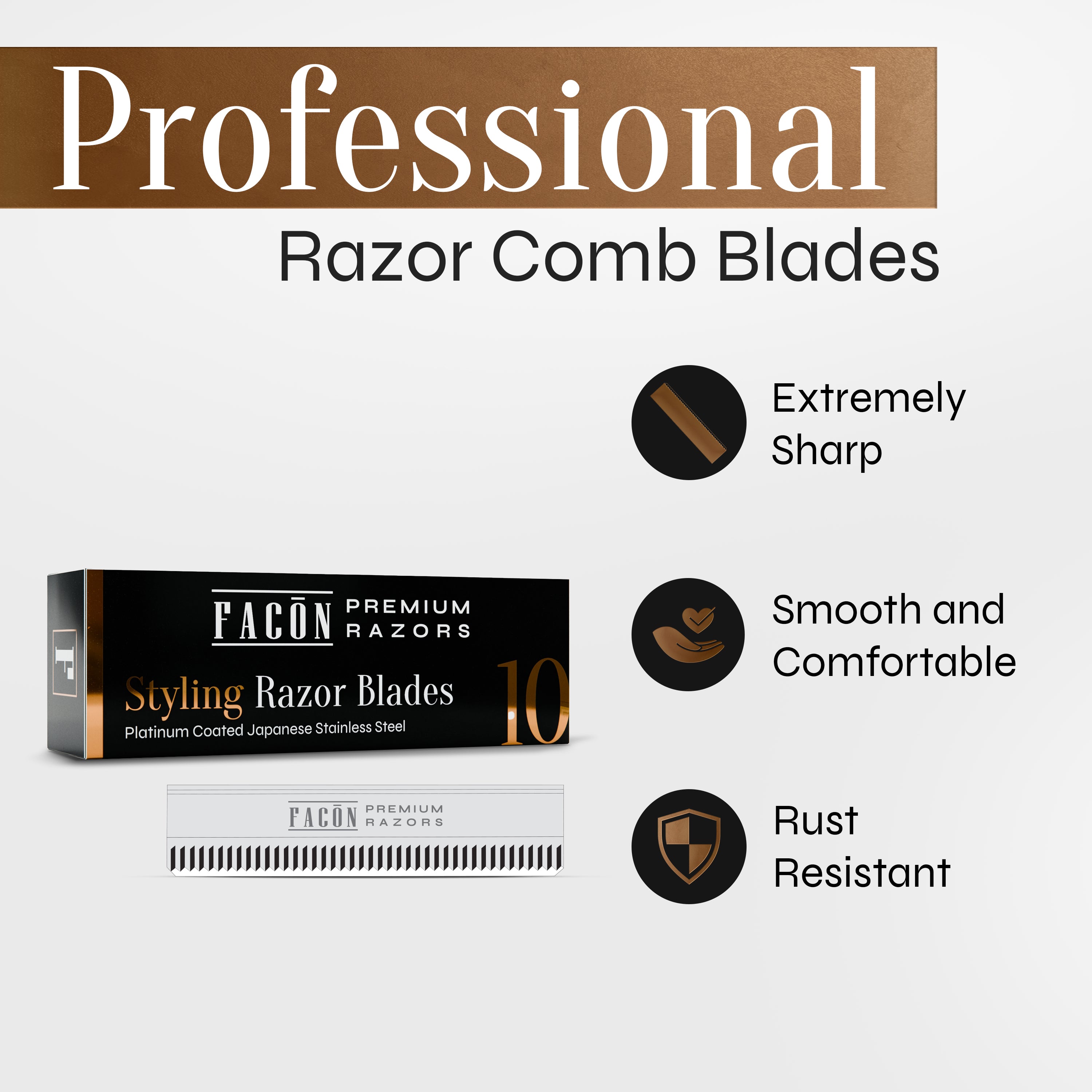 Facón Professional Hair Razor Comb Replacement Blades, Styling Razor Blades for Thinning Texturizing Layering Cutting Hair, Premium Platinum Japanese Stainless Steel for Split Ends Trimming - 10 Count