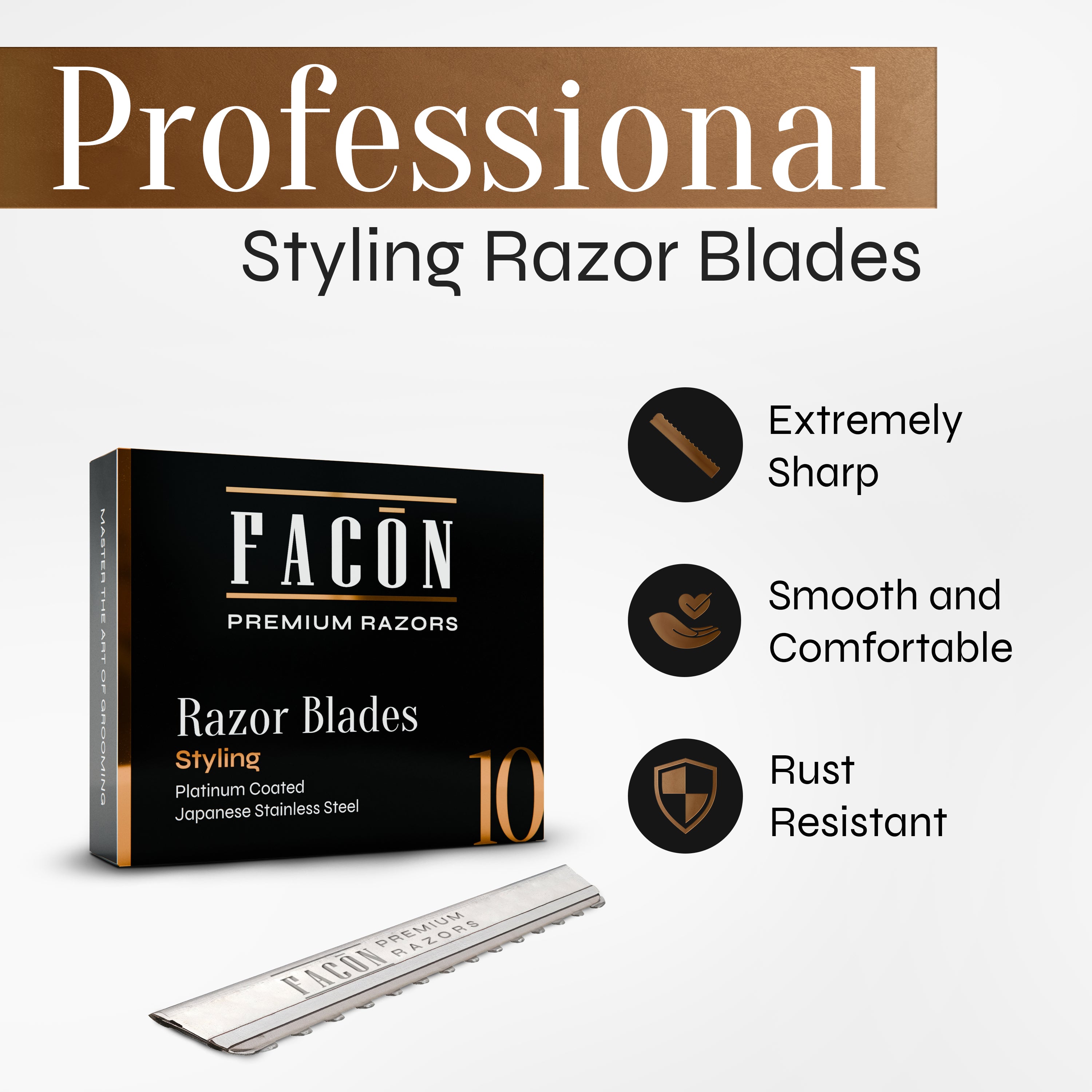 Facón Professional Hair Styling Razor Replacement Blades, Faether Razor Blades for Thinning Texturizing Layering Cutting Hair, Premium Platinum Japanese Stainless Steel for Salon Hairstyling- 10 Count