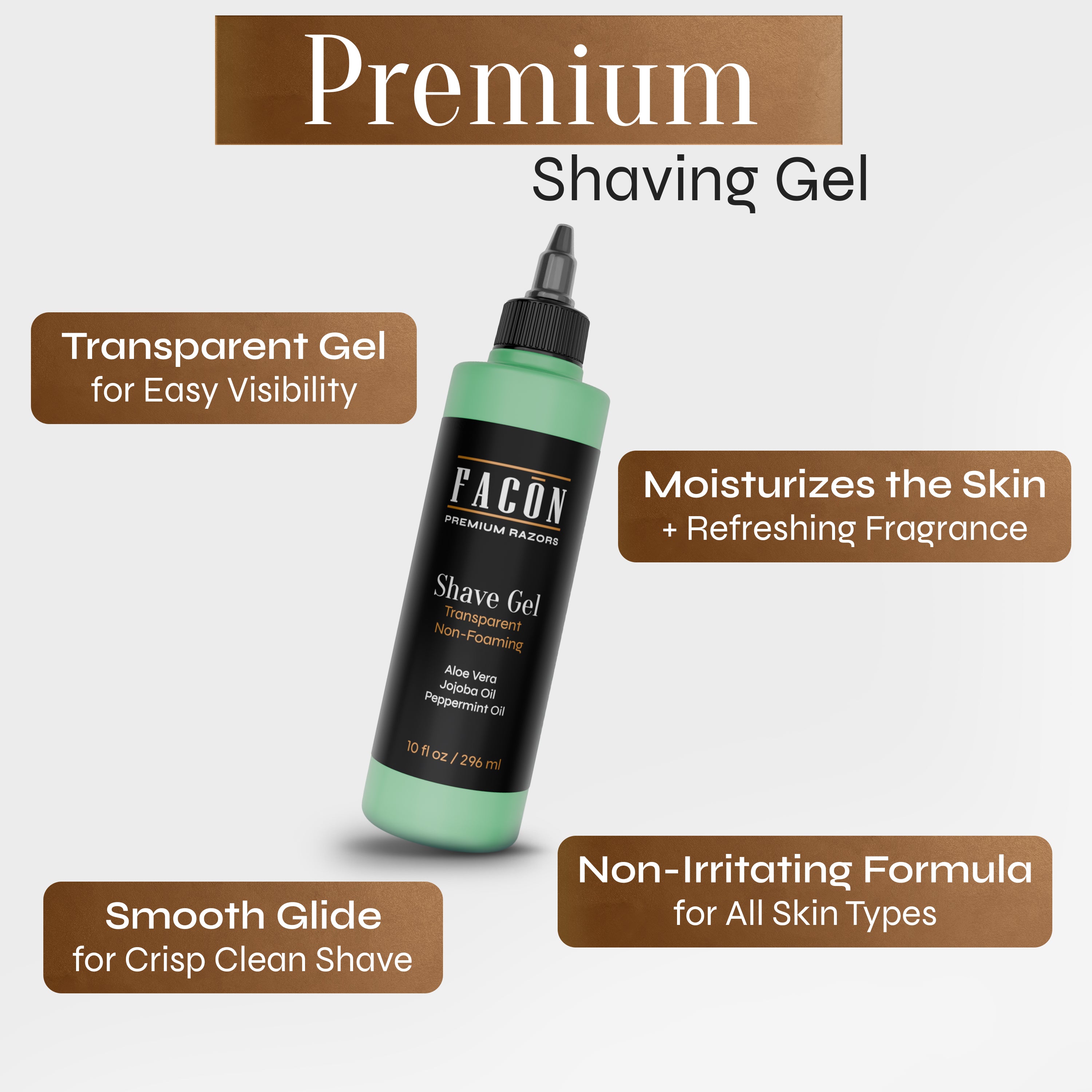 Facón Transparent Shaving Gel for Men with Aloe Vera, Cooling Menthol, Peppermint & Jojoba Oil Scent – Clear Non Foaming Straight Razor Shave Gel, Barber Shaving Gel to Prevent Razor Bumps, 10 fl oz
