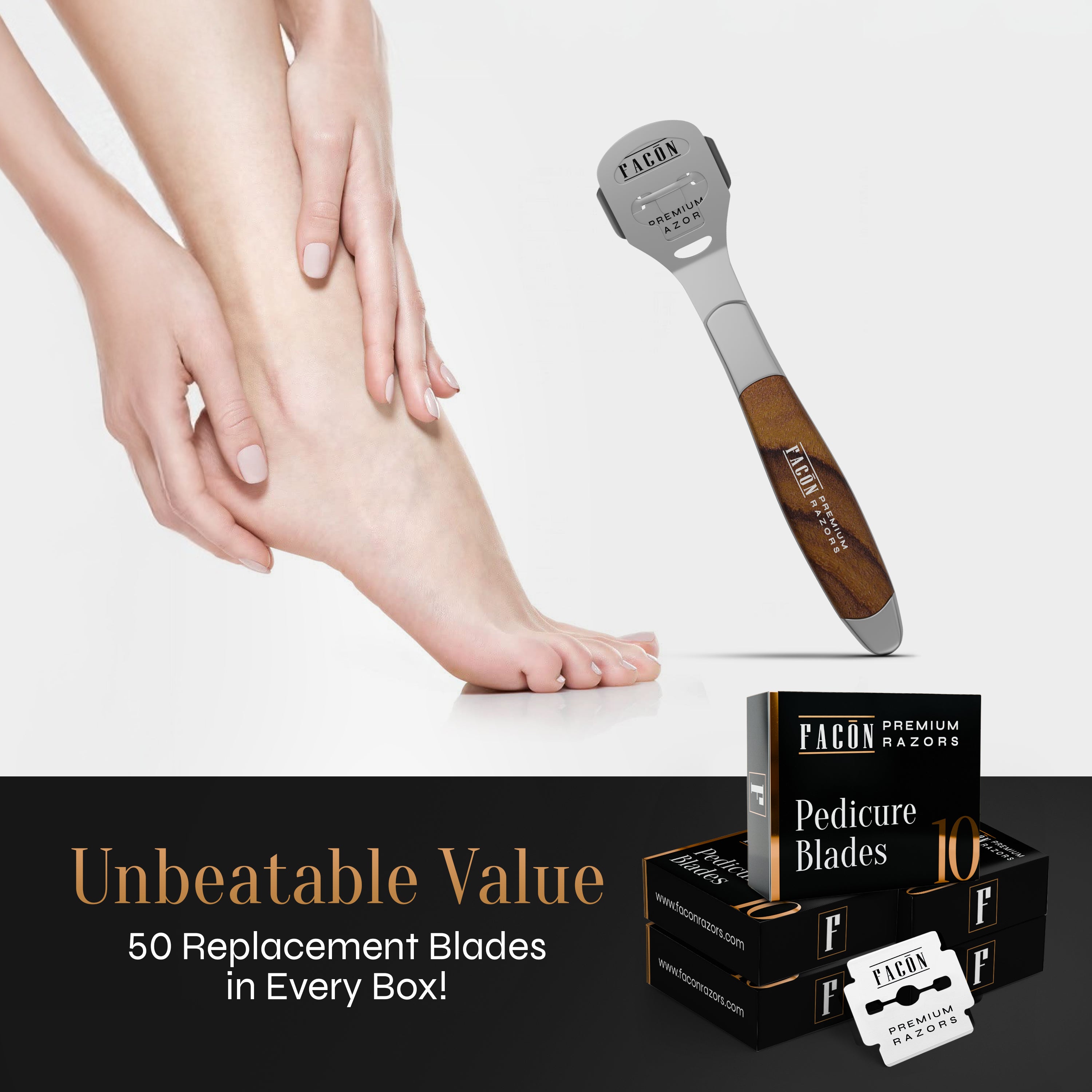 Facón Professional Callus Shaver Remover with 50 Blades, Pedicure Razor for Feet & Hands, Foot Razor for Callus Removal, Callus Blade Remover, Corn Shaver, Surgical Grade Premium Stainless Steel Tool
