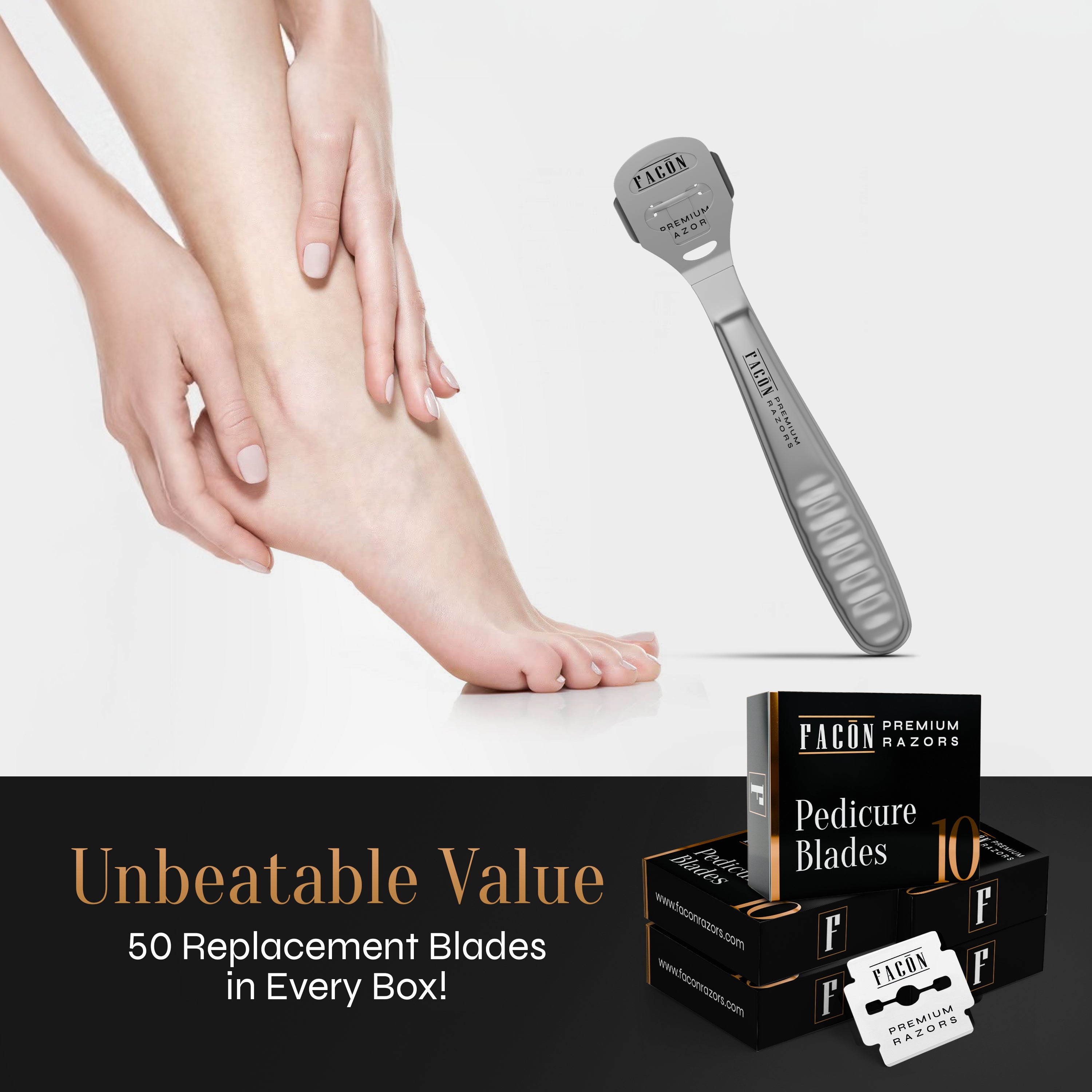Facón Professional Callus Shaver Remover with 50 Blades, Pedicure Razor for Feet & Hands, Foot Razor for Callus Removal, Callus Blade Remover, Corn Shaver, Surgical Grade Premium Stainless Steel Tool