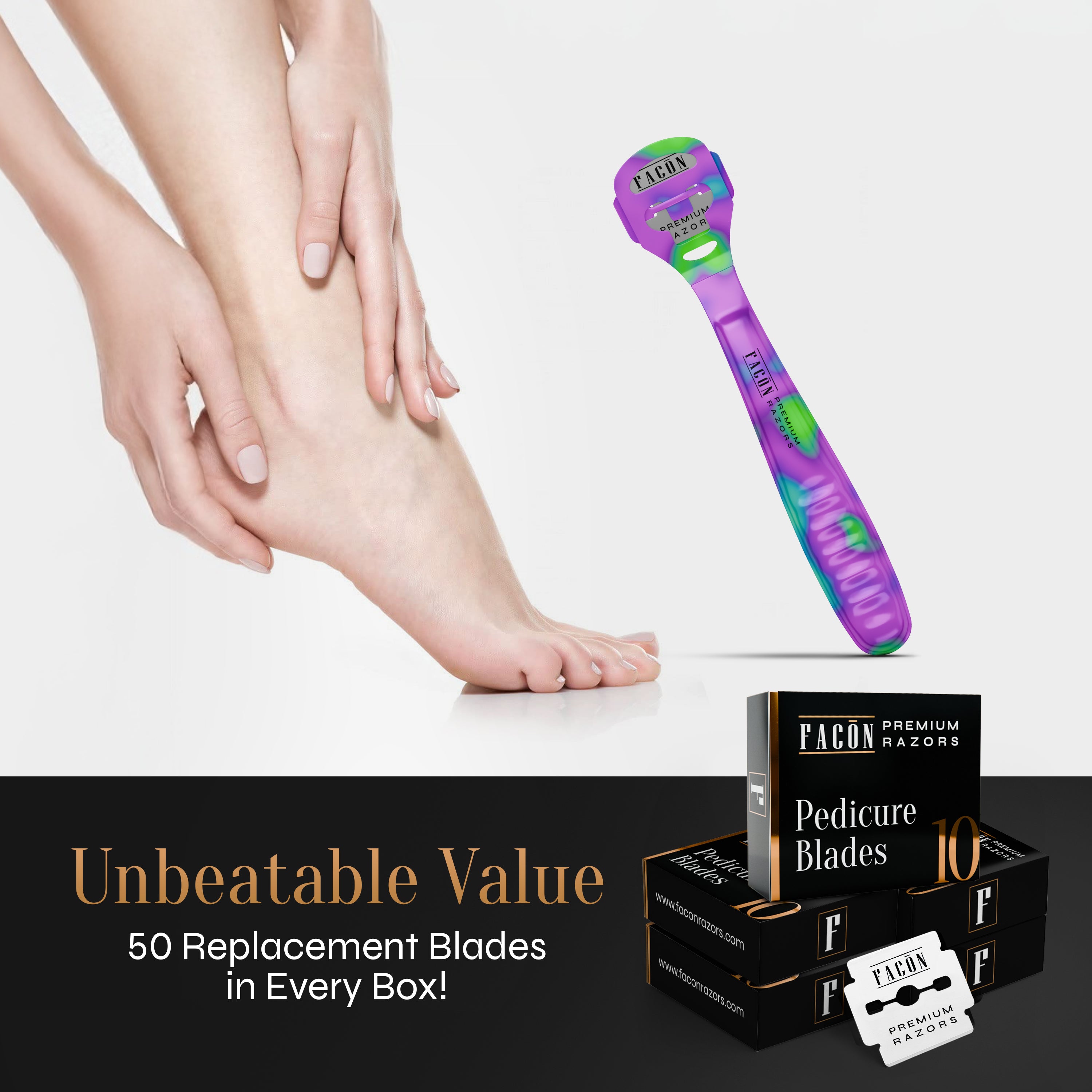 Facón Professional Callus Shaver Remover with 50 Blades, Pedicure Razor for Feet & Hands, Foot Razor for Callus Removal, Callus Blade Remover, Corn Shaver, Surgical Grade Premium Stainless Steel Tool