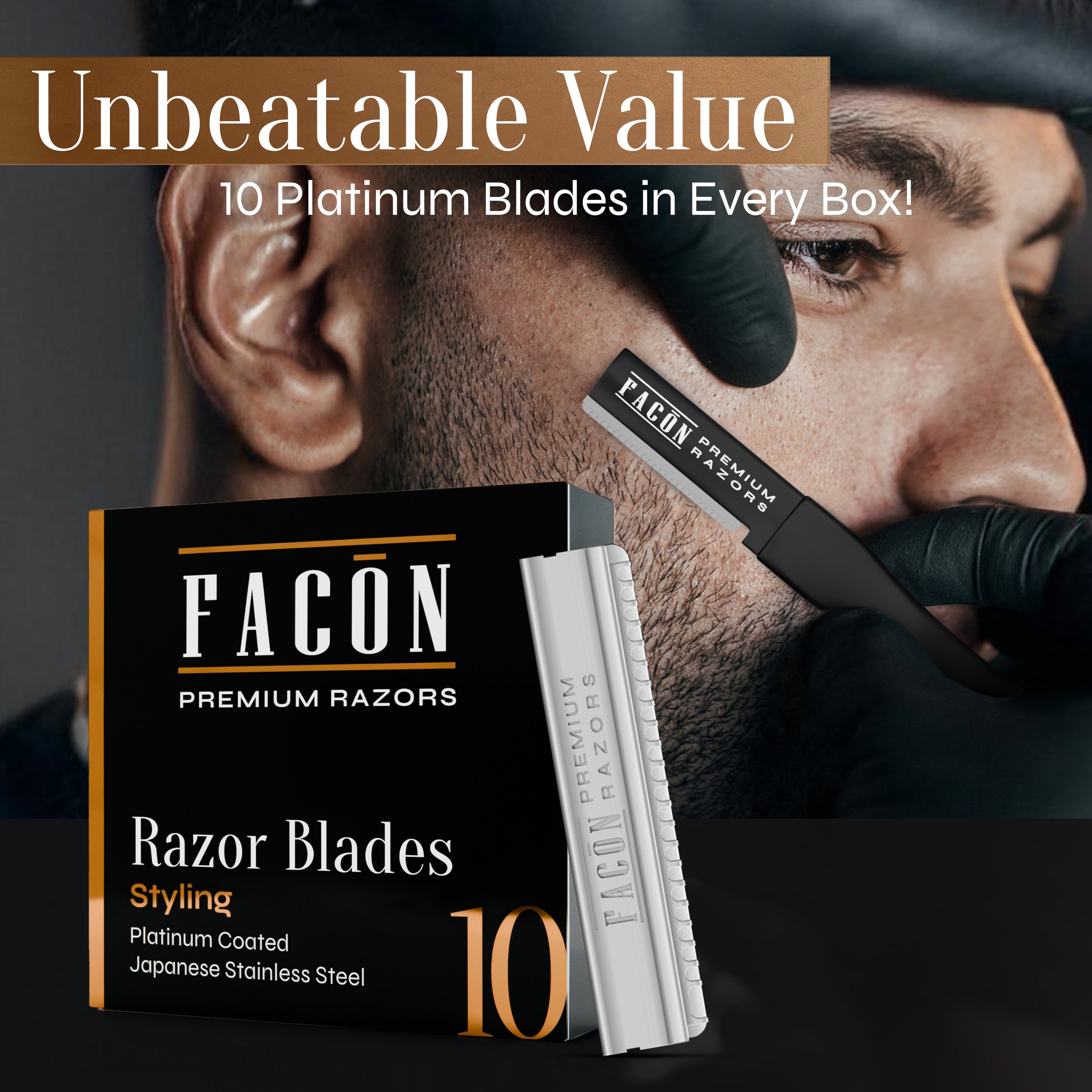 Facón Professional Beard Razor for Men Replacement Blades, Premium Razor Blades for Mustache Shaper, Beard Edger & Hair Lineup, Platinum Japanese Stainless Steel for Smooth & Precise Shave - 10 Count