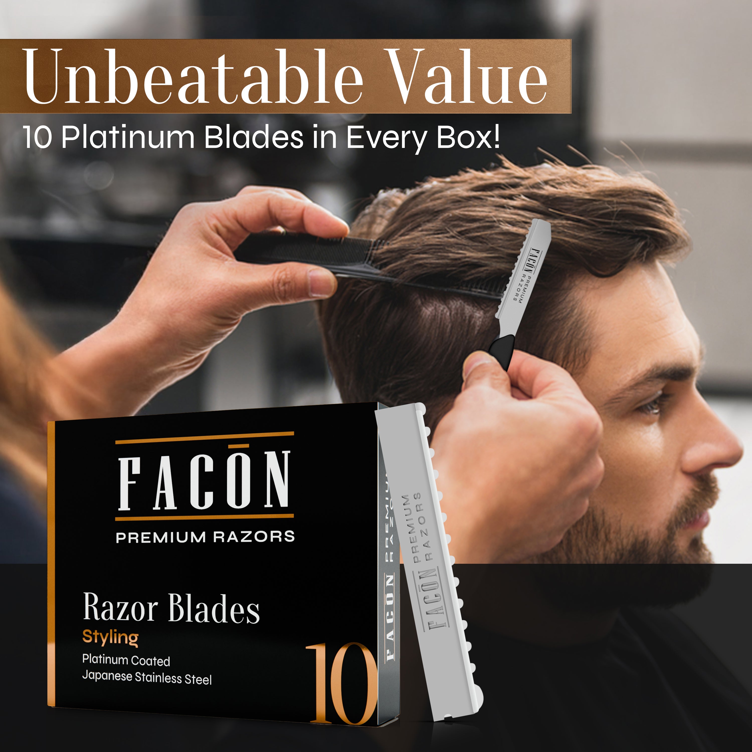 Facón Professional Hair Styling Razor Replacement Blades, Faether Razor Blades for Thinning Texturizing Layering Cutting Hair, Premium Platinum Japanese Stainless Steel for Salon Hairstyling- 10 Count