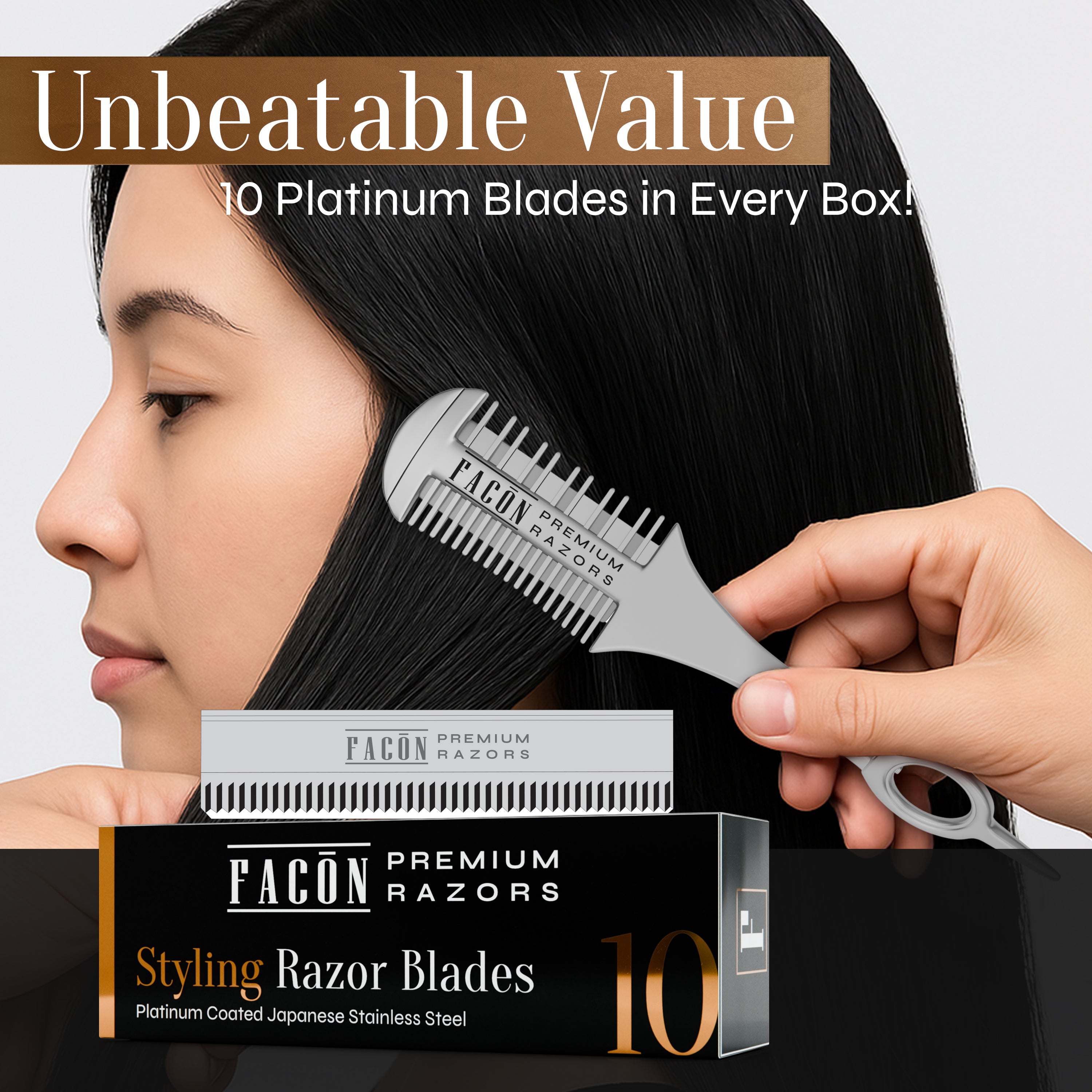 Facón Professional Hair Razor Comb Replacement Blades, Styling Razor Blades for Thinning Texturizing Layering Cutting Hair, Premium Platinum Japanese Stainless Steel for Split Ends Trimming - 10 Count