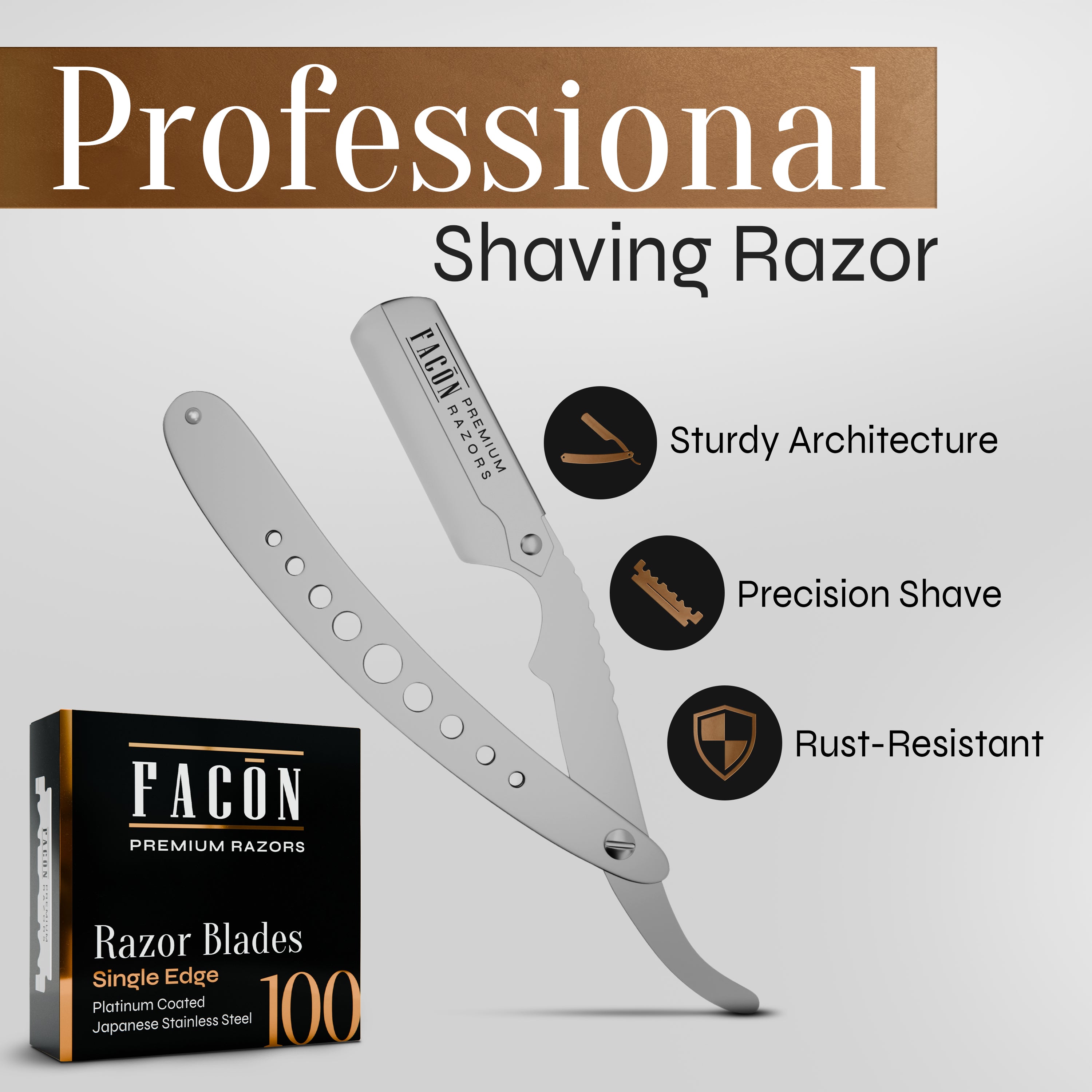 Facón Straight Razors for Men - Professional Barber Straight Edge Razor Kit with 100 Blades, Classic Stainless Steel Barbero Shaver for a Smooth & Precise Shave, Premium Barber Razor for Men's Shaving