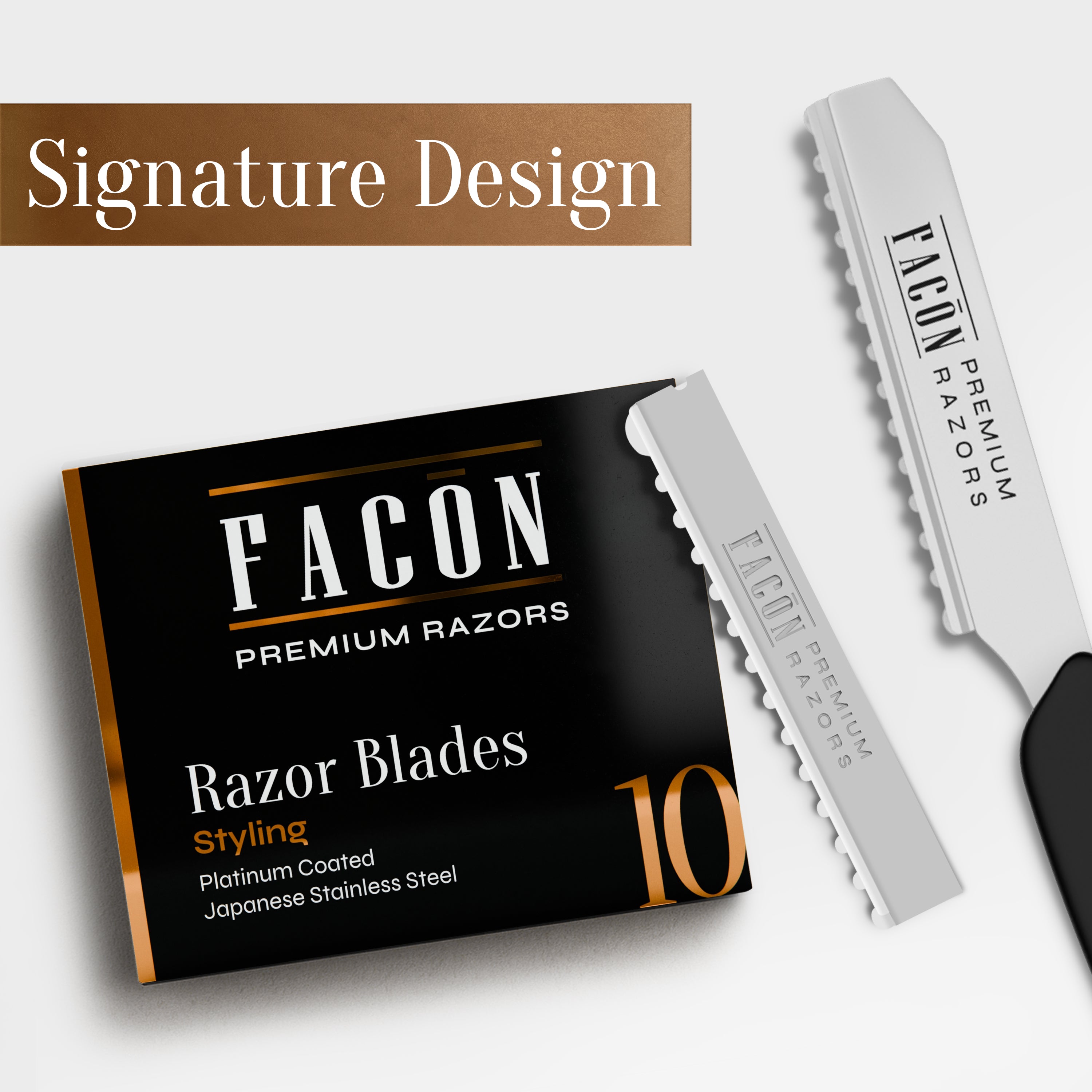 Facón Professional Hair Styling Razor Replacement Blades, Faether Razor Blades for Thinning Texturizing Layering Cutting Hair, Premium Platinum Japanese Stainless Steel for Salon Hairstyling- 10 Count