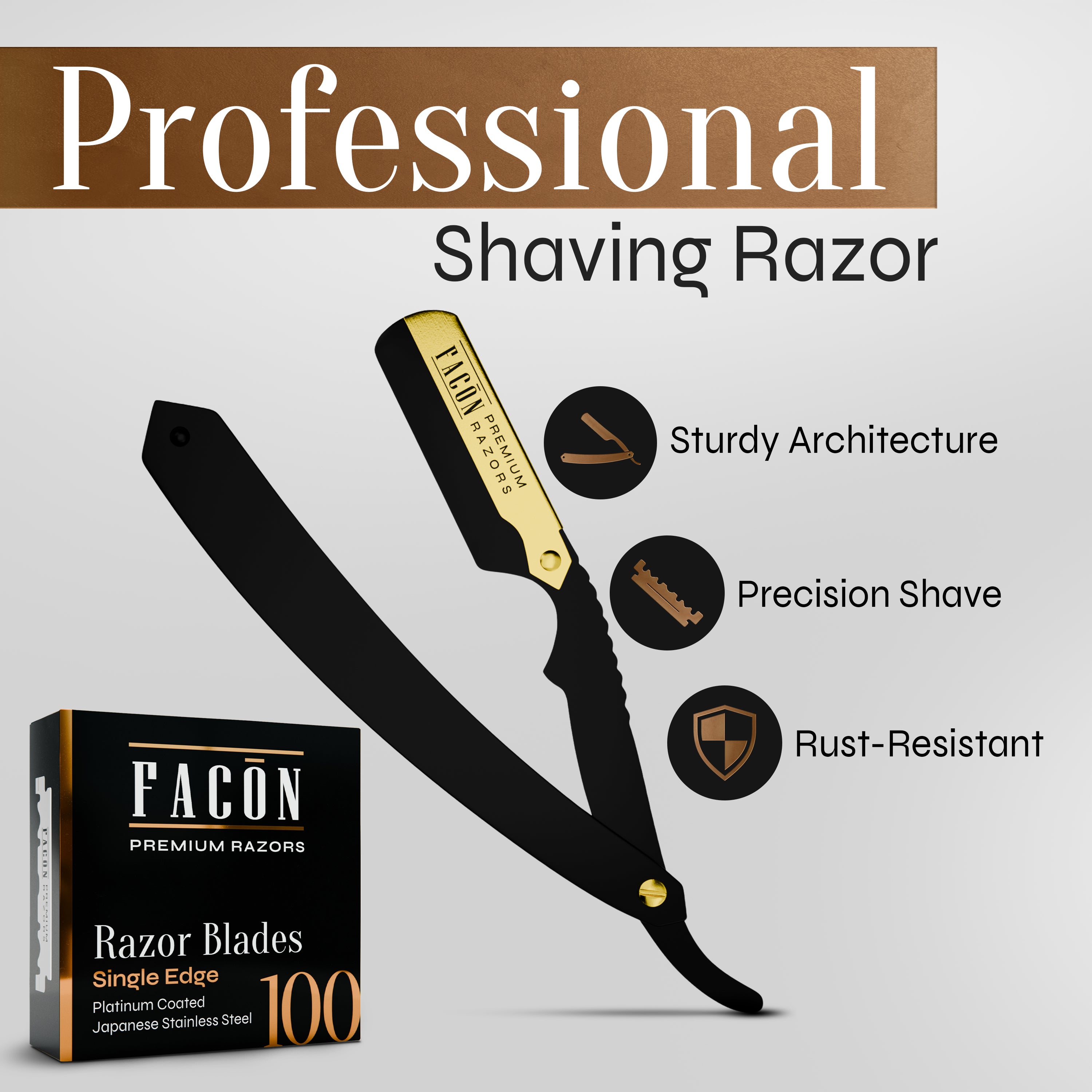 Facón Straight Razors for Men - Professional Barber Straight Edge Razor Kit with 100 Blades, Classic Stainless Steel Barbero Shaver for a Smooth & Precise Shave, Premium Barber Razor for Men's Shaving