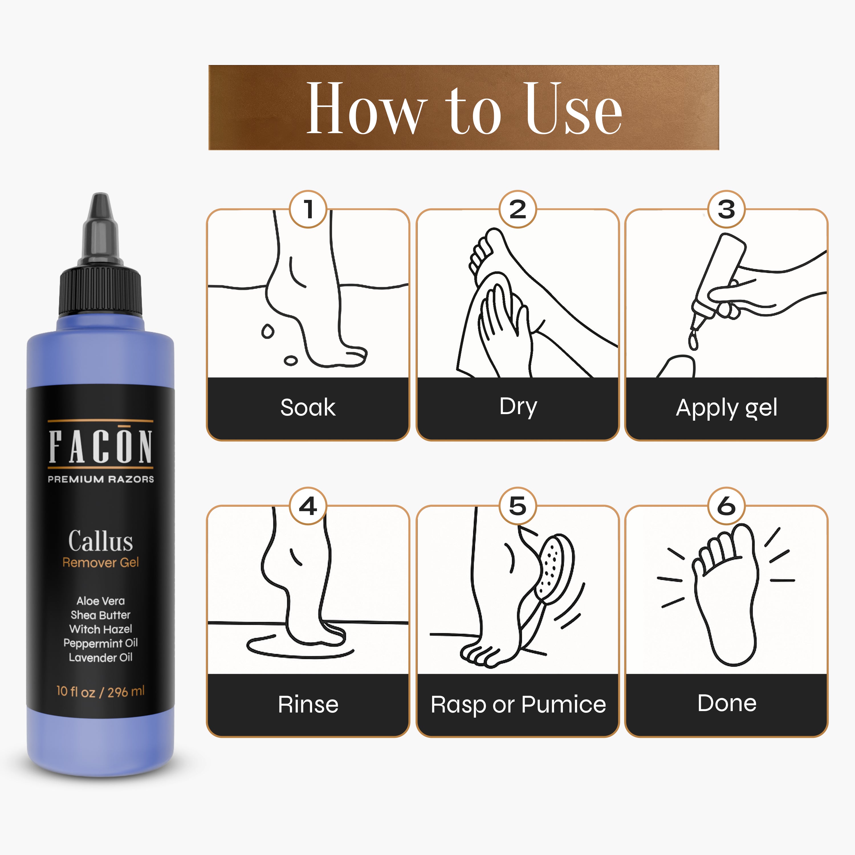 Facón Professional Callus Remover Gel for Feet with Aloe Vera, Shea Butter, Peppermint & Witch Hazel, Lavender Scent Callus Softener, Home Pedicure Foot Spa, Removes Cracked & Dead Dry Skin, 10 fl oz