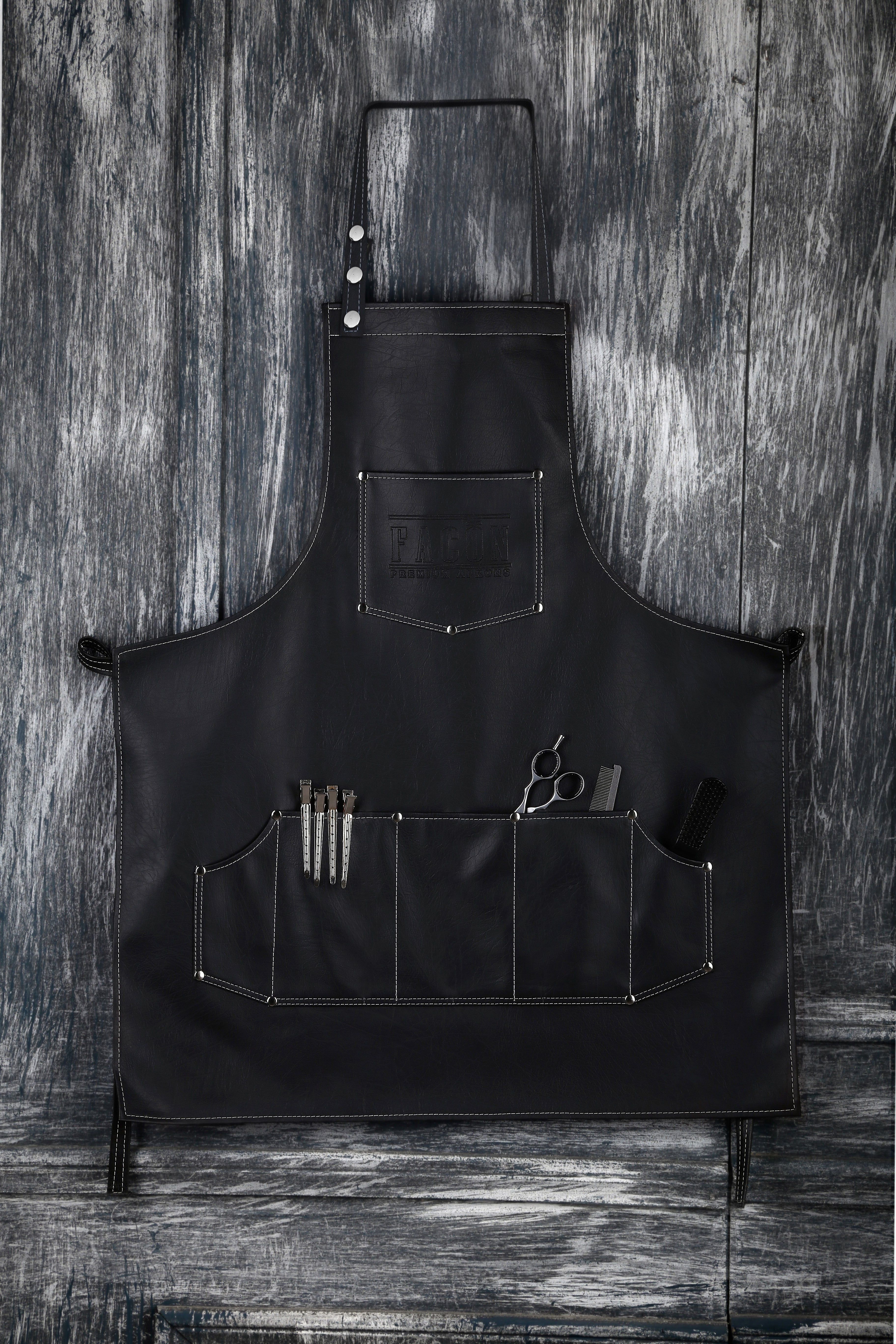 Facón Professional Leather Hair Cutting Hairdressing Barber Apron Cape for Salon Hairstylist - Multi-use, Adjustable with 6 Pockets - Heavy Duty Premium Quality - Limited Edition - 28" x 24" (Black)
