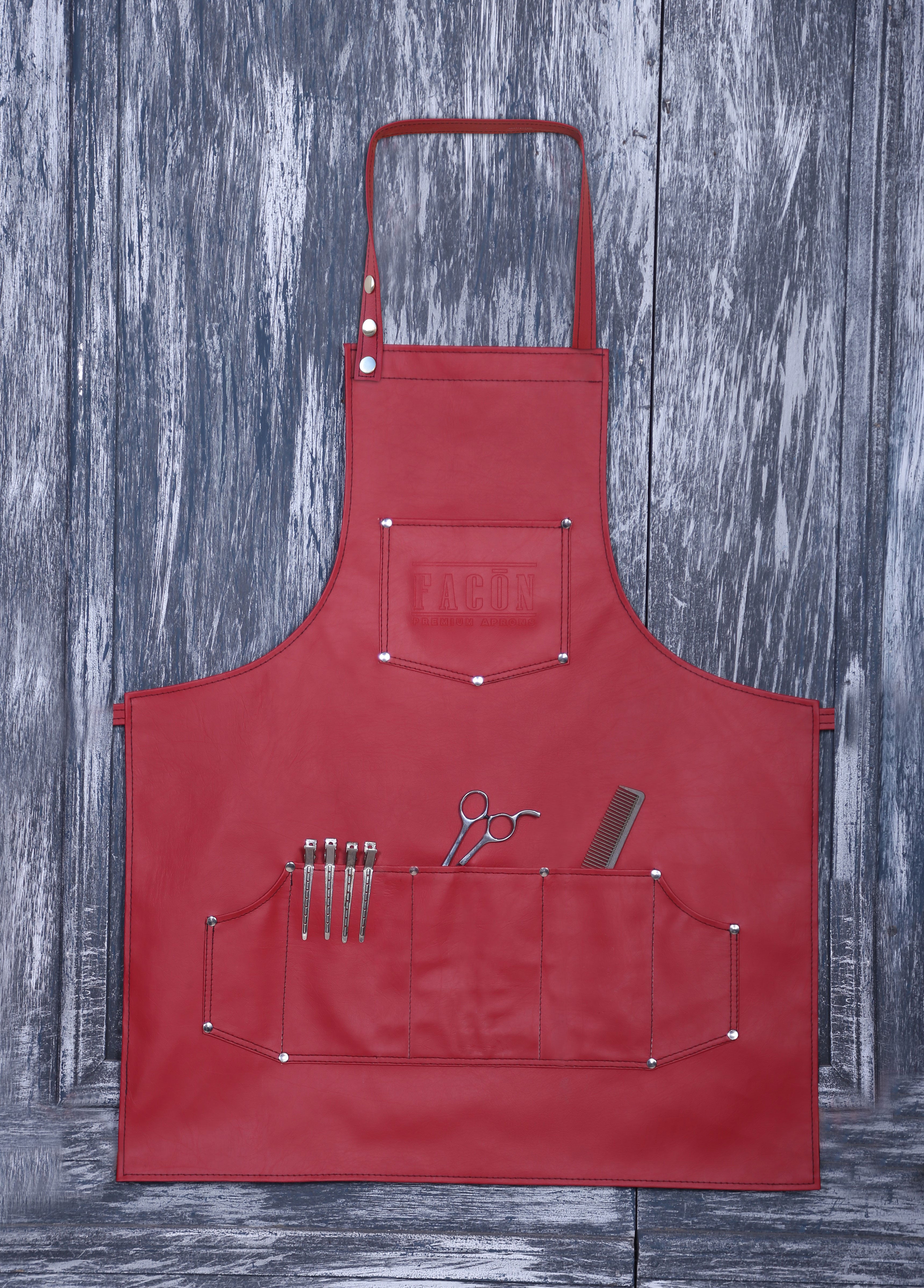 Facón Professional Leather Hair Cutting Hairdressing Barber Apron Cape for Salon Hairstylist - Multi-use, Adjustable with 6 Pockets - Heavy Duty Premium Quality - Limited Edition - 28" x 24" (Red)