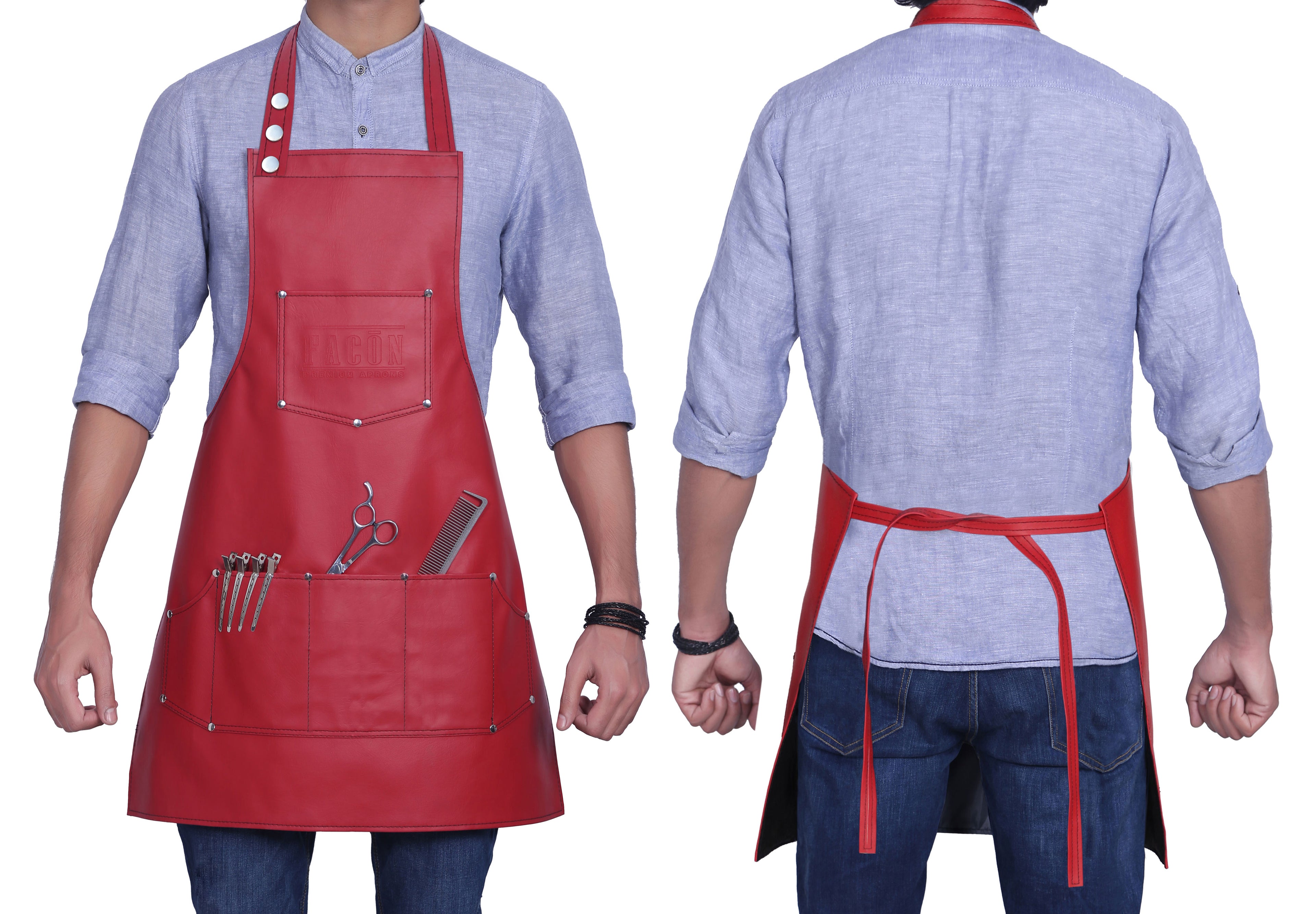 Facón Professional Leather Hair Cutting Hairdressing Barber Apron Cape for Salon Hairstylist - Multi-use, Adjustable with 6 Pockets - Heavy Duty Premium Quality - Limited Edition - 28" x 24" (Red)