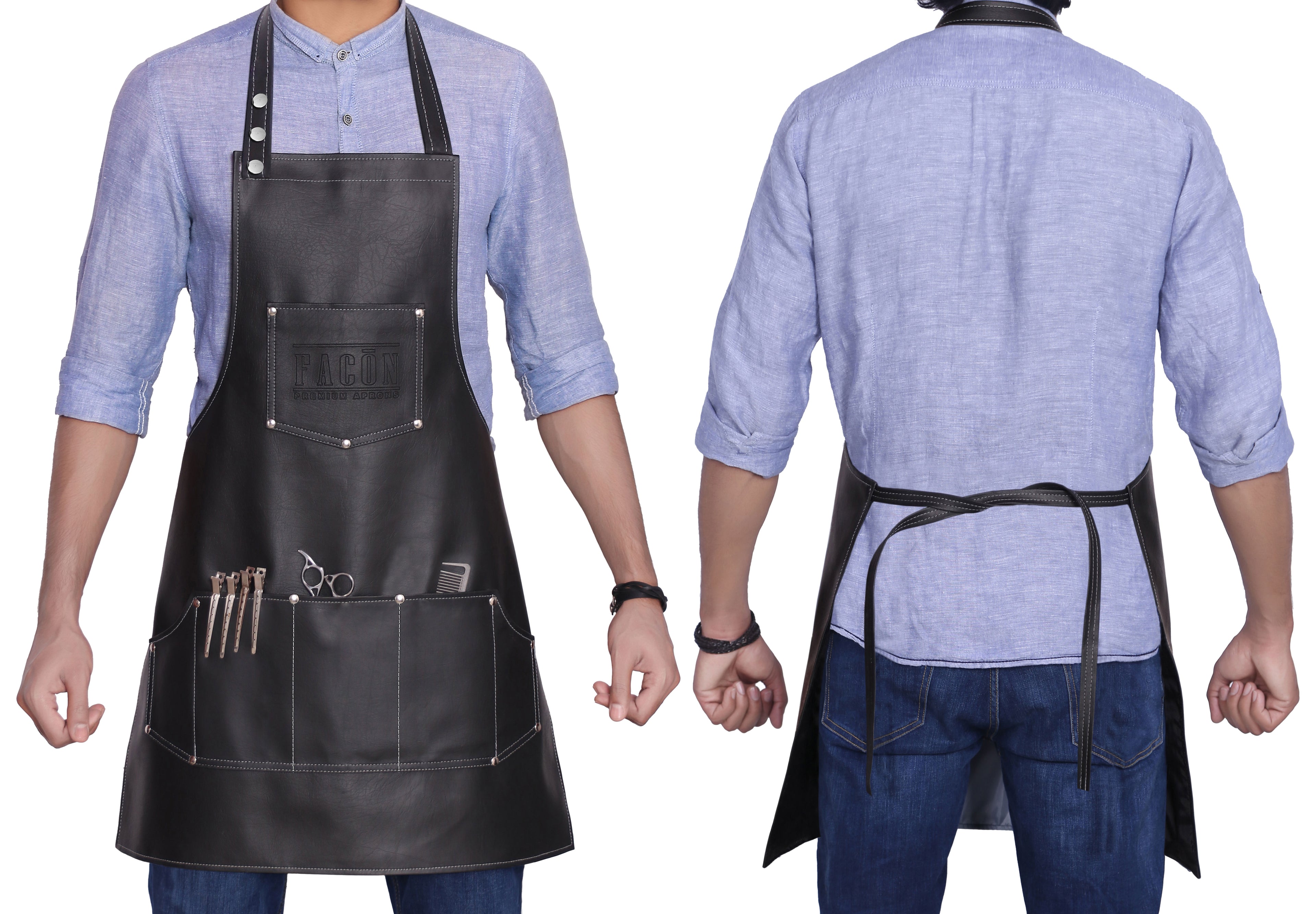 Facón Professional Leather Hair Cutting Hairdressing Barber Apron Cape for Salon Hairstylist - Multi-use, Adjustable with 6 Pockets - Heavy Duty Premium Quality - Limited Edition - 28" x 24" (Black)