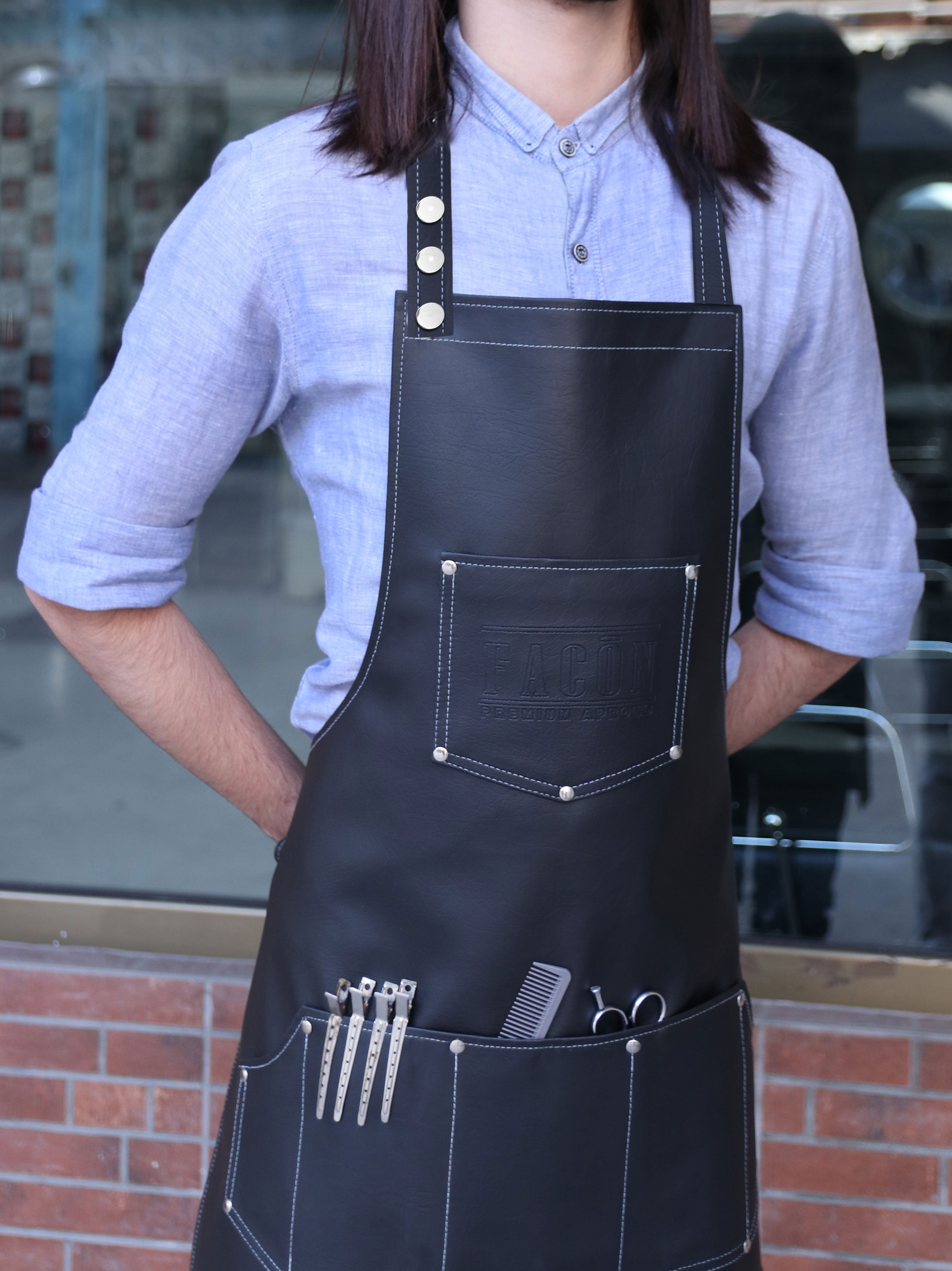Facón Professional Leather Hair Cutting Hairdressing Barber Apron Cape for Salon Hairstylist - Multi-use, Adjustable with 6 Pockets - Heavy Duty Premium Quality - Limited Edition - 28" x 24" (Black)