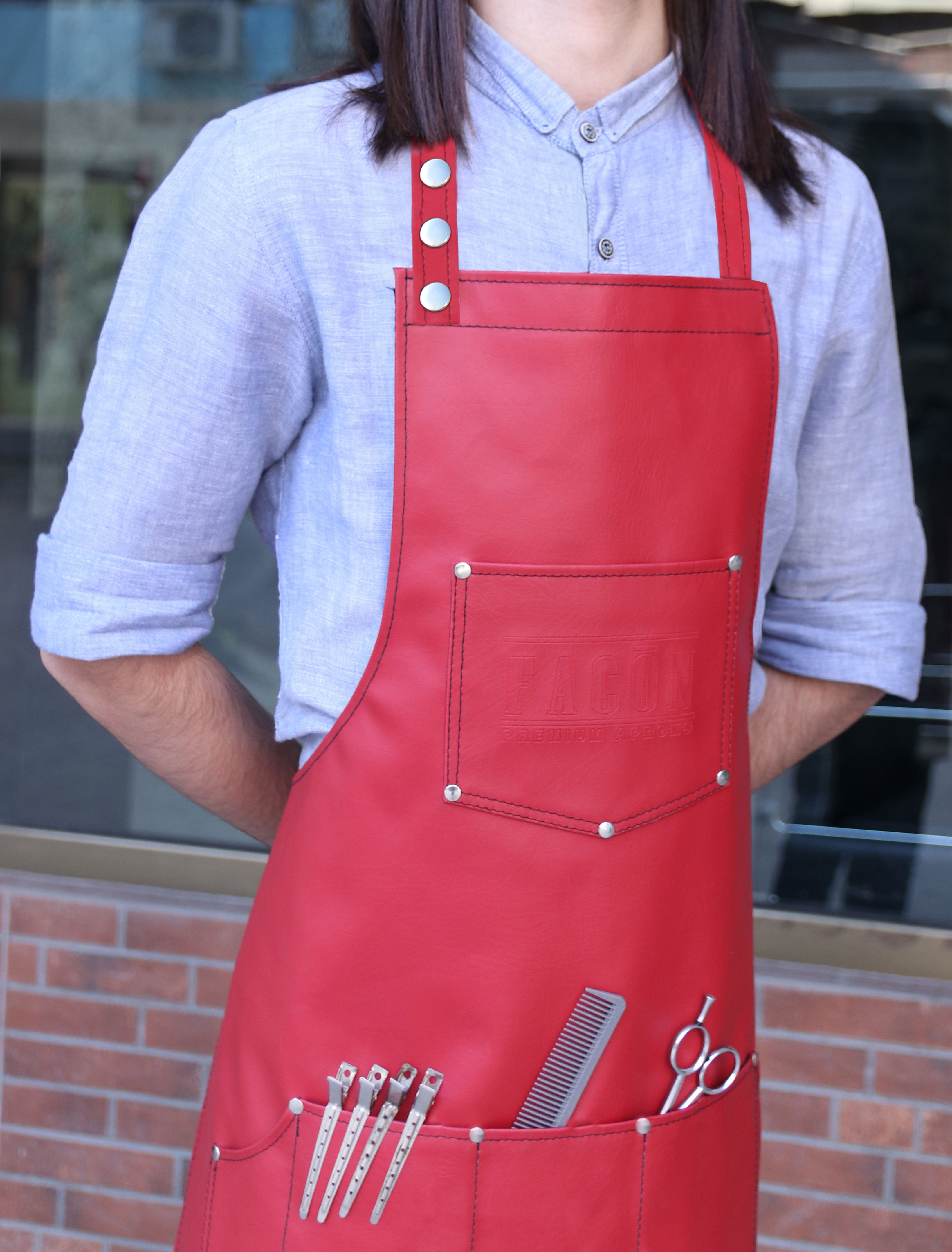 Facón Professional Leather Hair Cutting Hairdressing Barber Apron Cape for Salon Hairstylist - Multi-use, Adjustable with 6 Pockets - Heavy Duty Premium Quality - Limited Edition - 28" x 24" (Red)