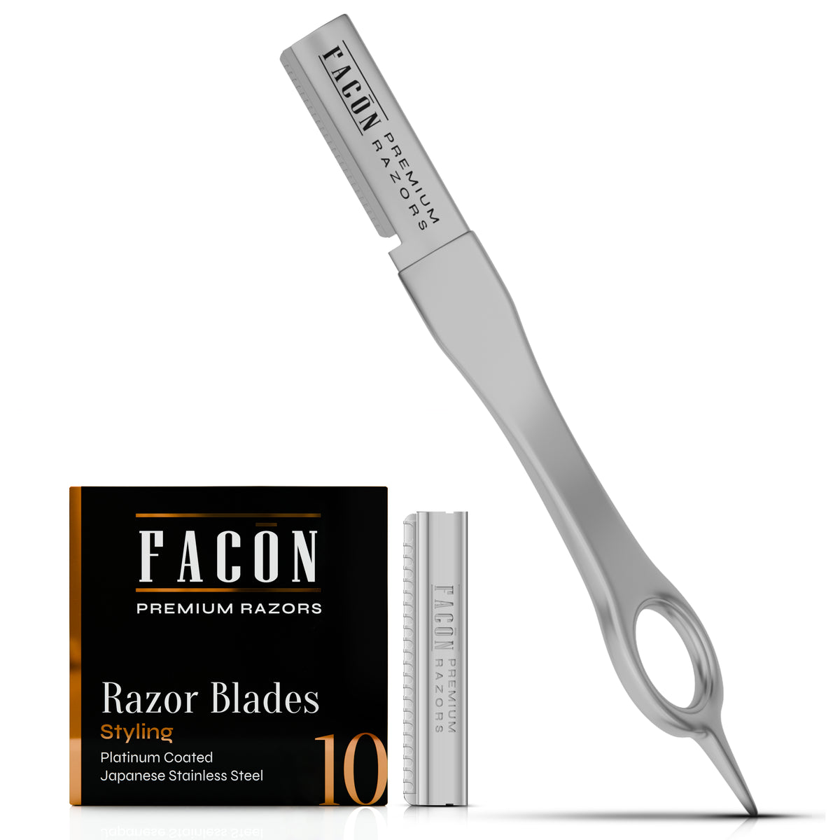 Facón Beard Razor for Men - Professional Beard Shaping Tool Grooming Kit with 11 Replacement Blades, Mustache Shaper, Edger & Lineup, Premium Precision Straight Edge Razor 100% Stainless Steel Blade