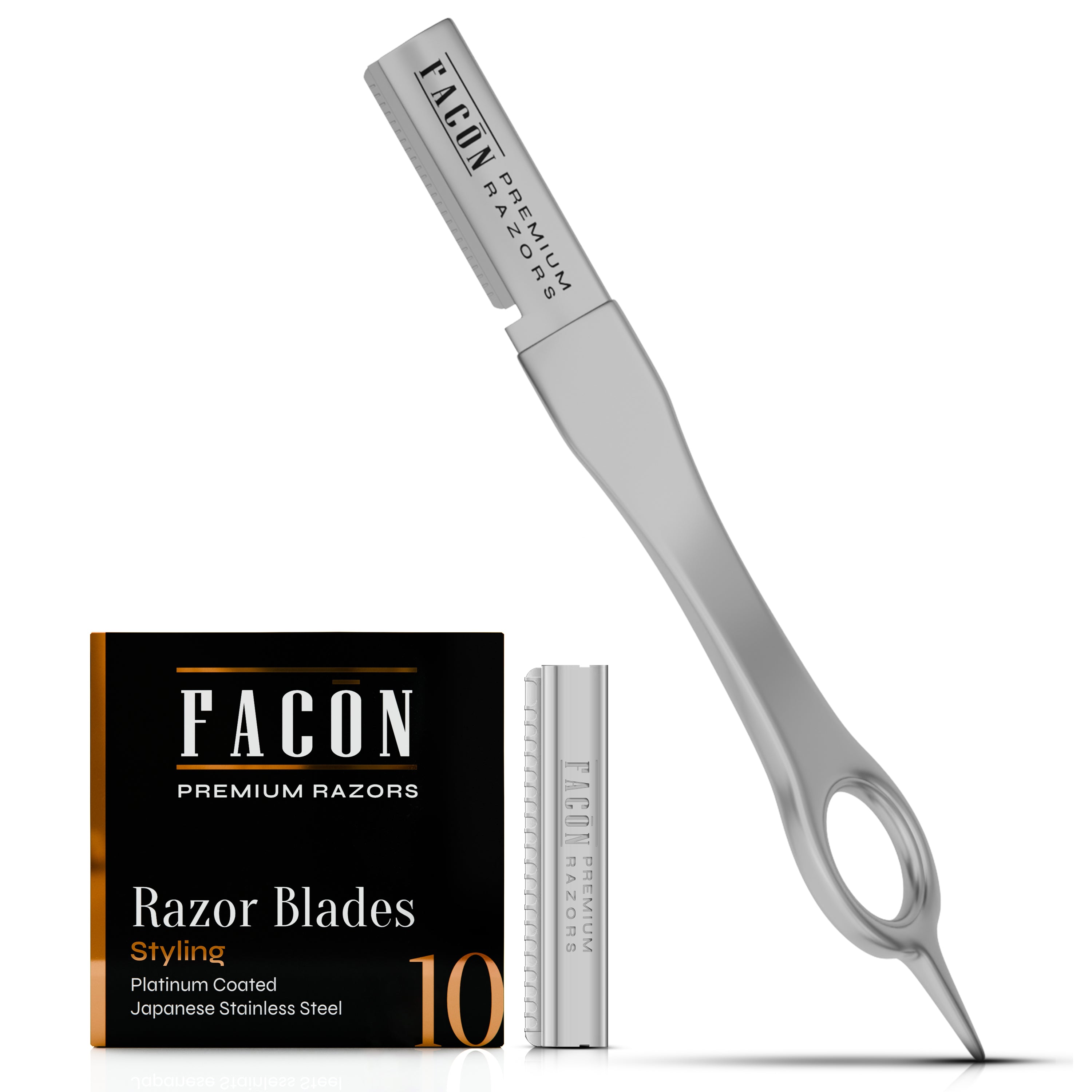 Facón Beard Razor for Men - Professional Beard Shaping Tool Grooming Kit with 11 Replacement Blades, Mustache Shaper, Edger & Lineup, Premium Precision Straight Edge Razor 100% Stainless Steel Blade