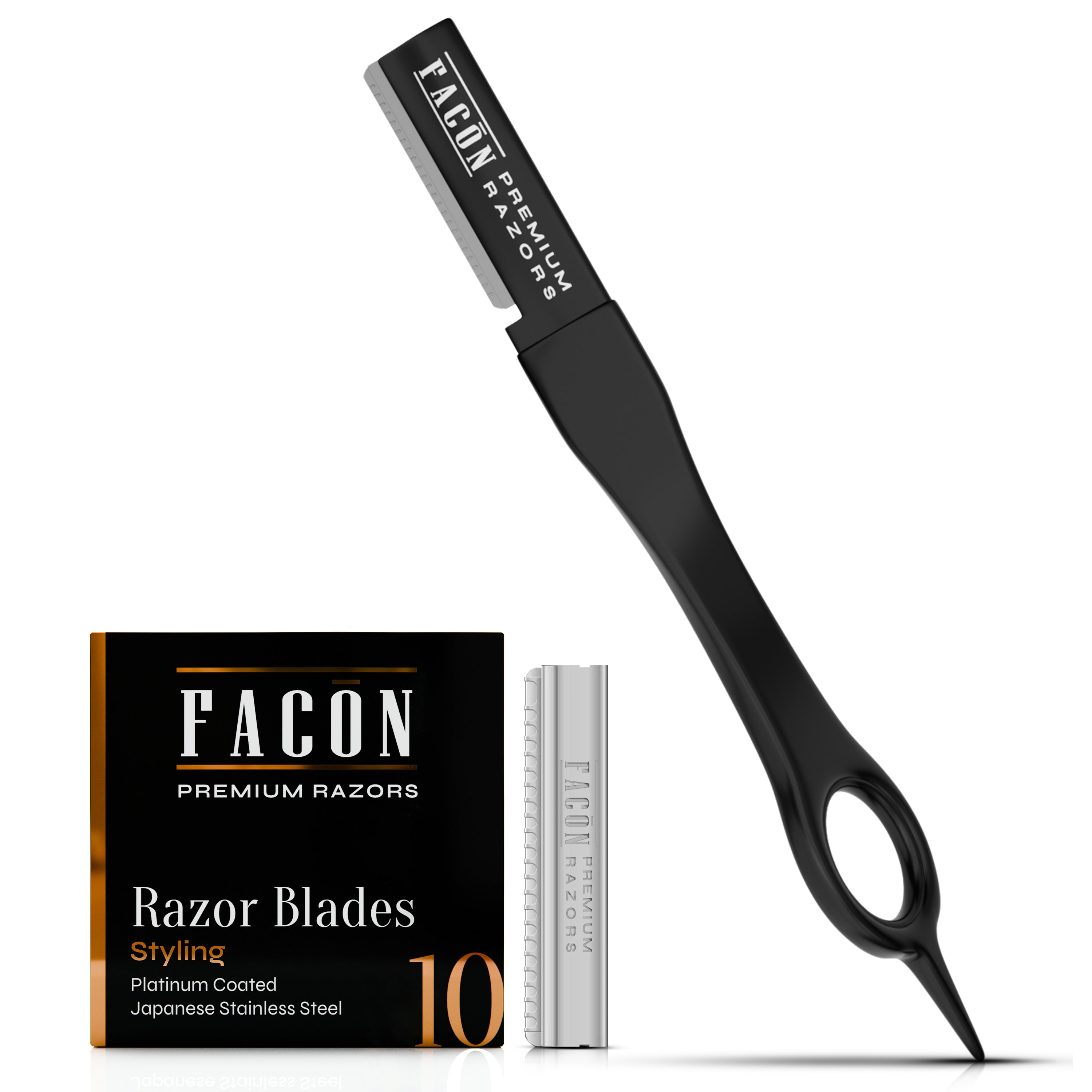 Facón Beard Razor for Men - Professional Beard Shaping Tool Grooming Kit with 11 Replacement Blades, Mustache Shaper, Edger & Lineup, Premium Precision Straight Edge Razor 100% Stainless Steel Blade