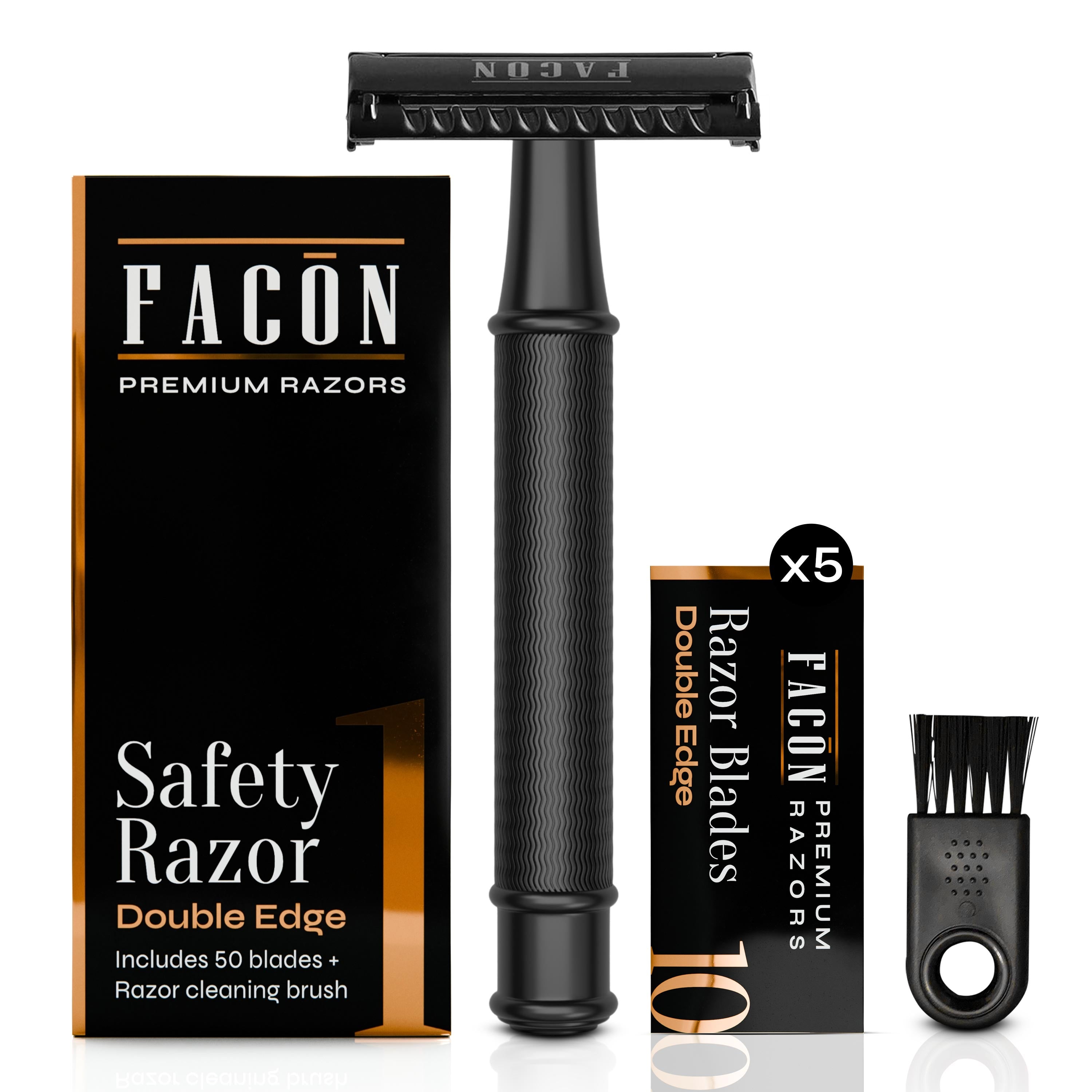Facón Double Edge Safety Razor for Men & Women - Butterfly Open Stainless Steel Razor w/ 50 Platinum Double Edge Safety Razor Blades, Single Blade Razor for Smooth Close Shave, Reusable & Eco-Friendly