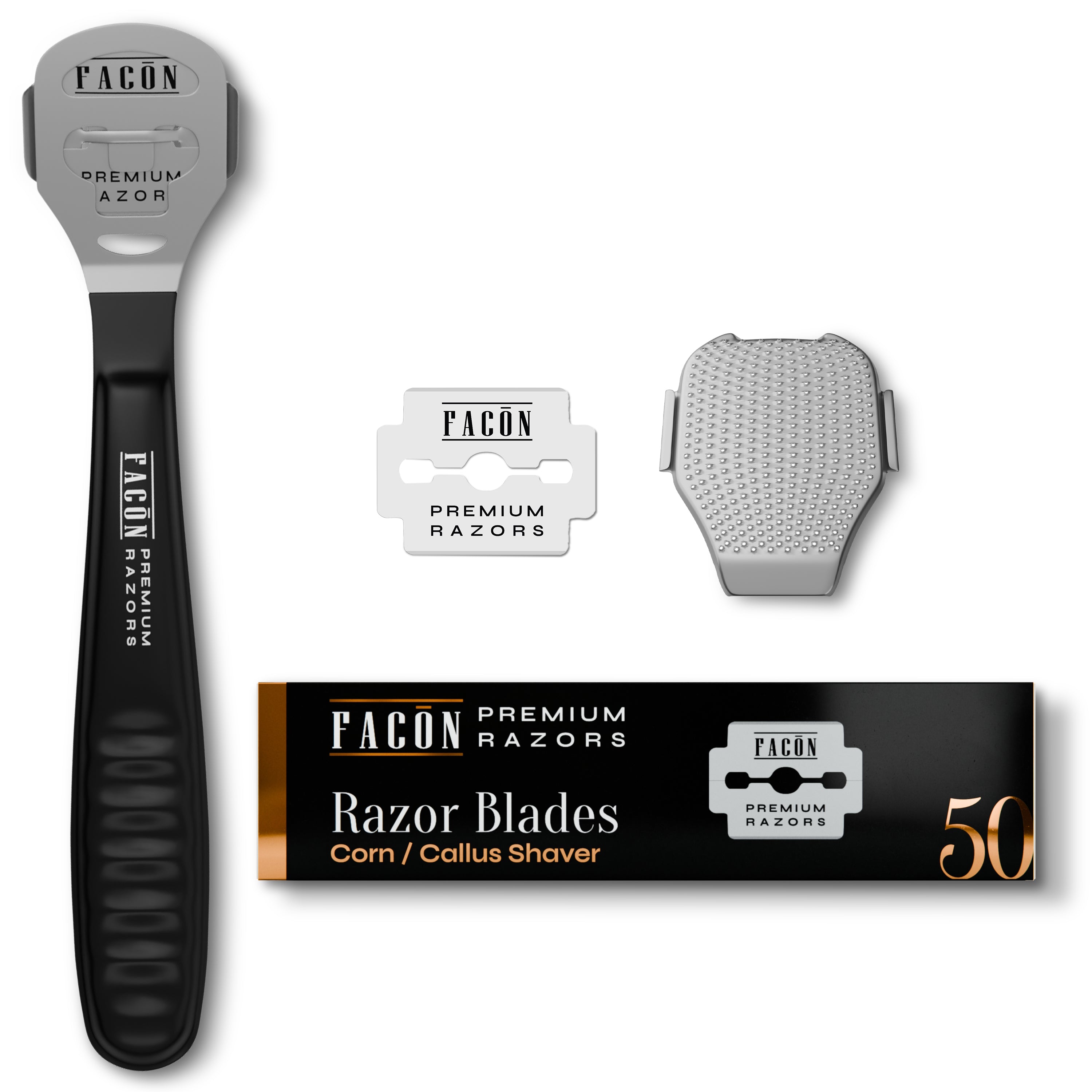 Facón Professional Callus Shaver Remover with 50 Blades, Pedicure Razor for Feet & Hands, Foot Razor for Callus Removal, Callus Blade Remover, Corn Shaver, Surgical Grade Premium Stainless Steel Tool