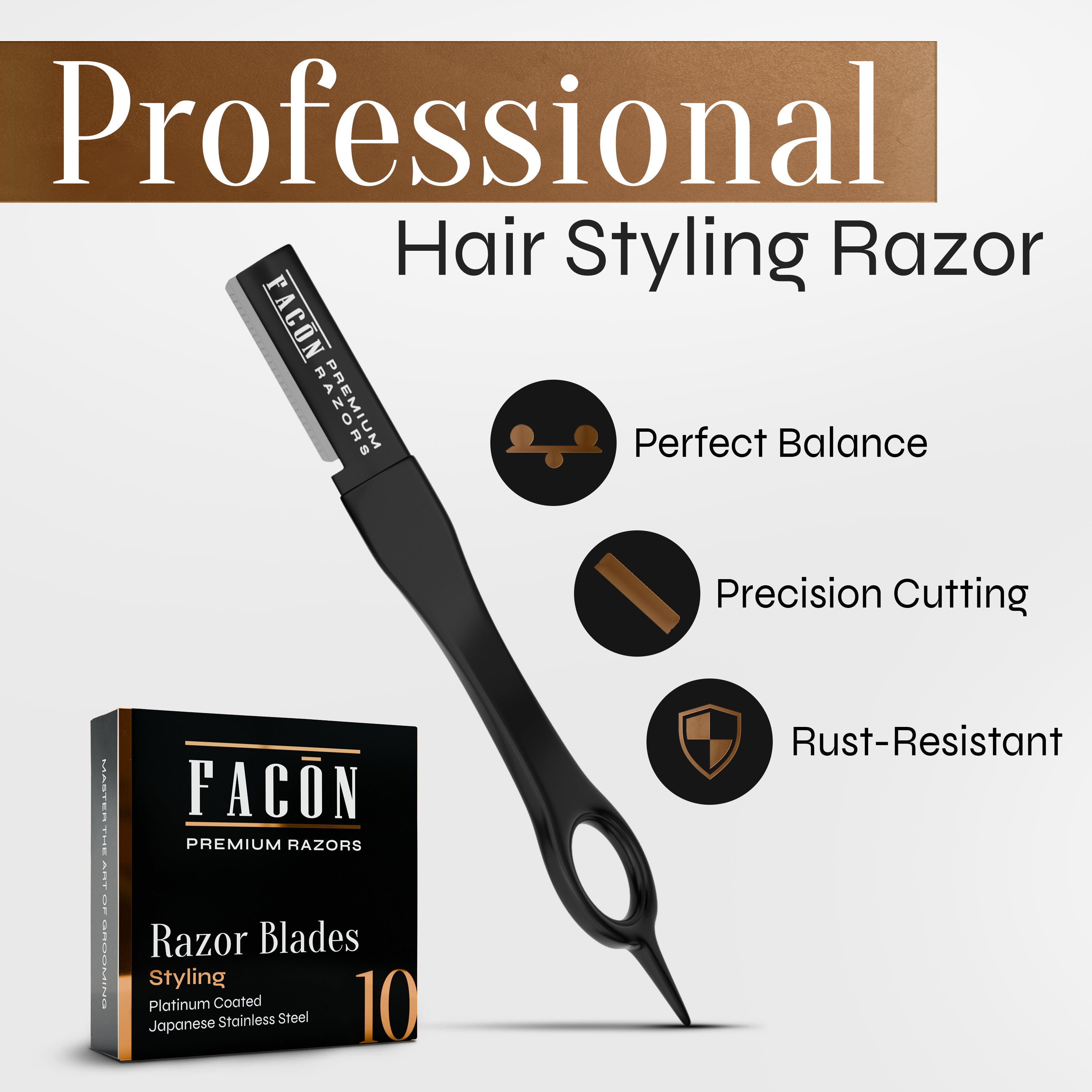 Facón Beard Razor for Men - Professional Beard Shaping Tool Grooming Kit with 11 Replacement Blades, Mustache Shaper, Edger & Lineup, Premium Precision Straight Edge Razor 100% Stainless Steel Blade
