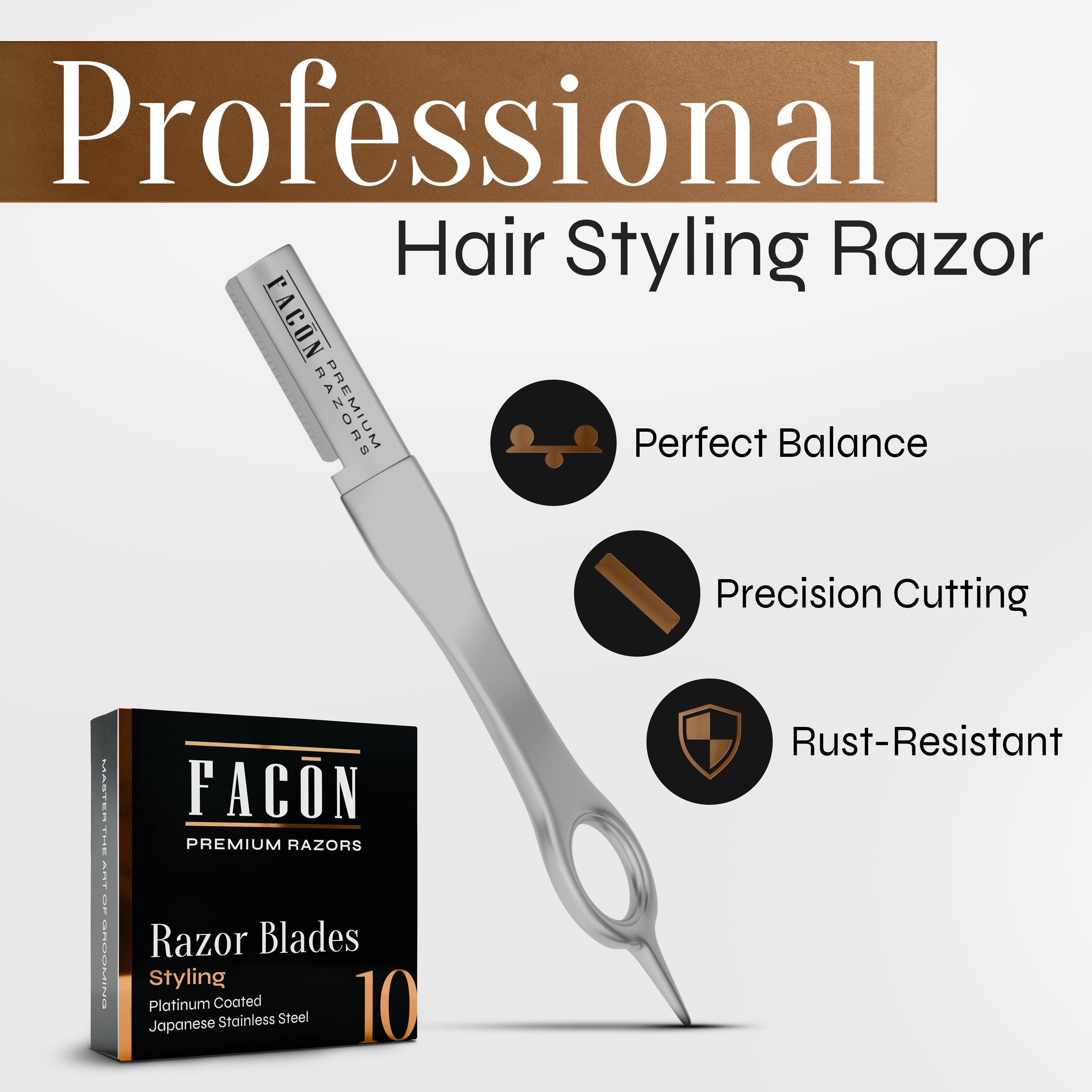 Facón Beard Razor for Men - Professional Beard Shaping Tool Grooming Kit with 11 Replacement Blades, Mustache Shaper, Edger & Lineup, Premium Precision Straight Edge Razor 100% Stainless Steel Blade