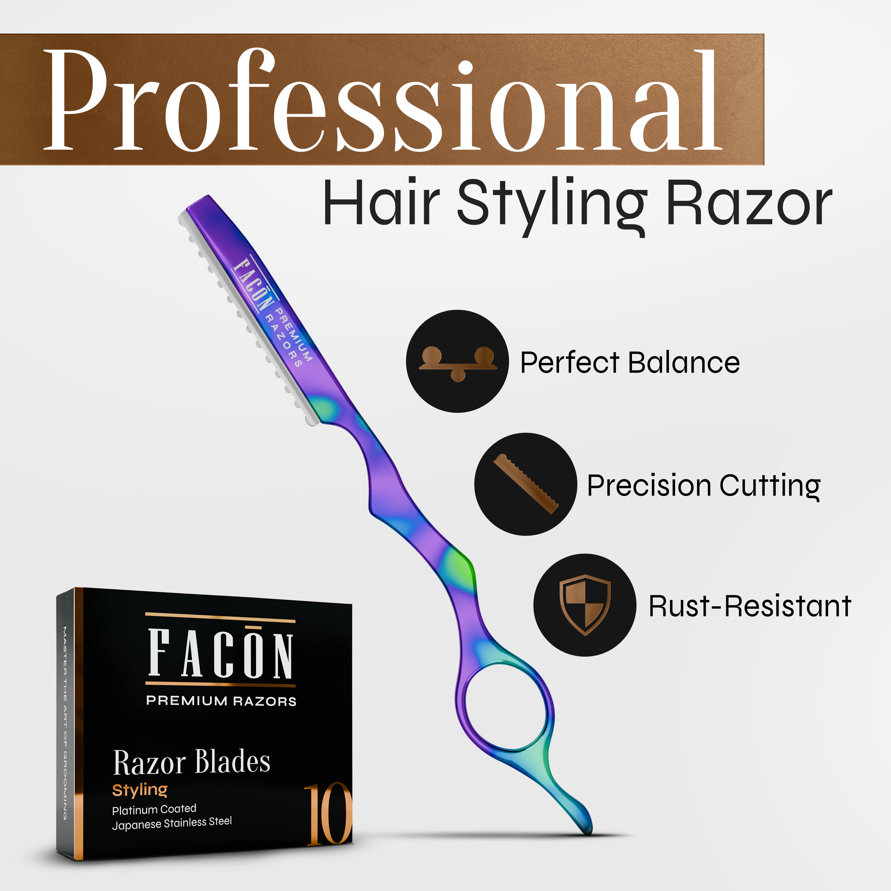 Facón Hair Razors for Cutting Hair - Professional Hair Styling Razor Kit with 11 Replacement Blades, Stainless Steel Hair Cutting Tool for Salon & Home, Premium Hair Thinning Texturizing Faether Razor