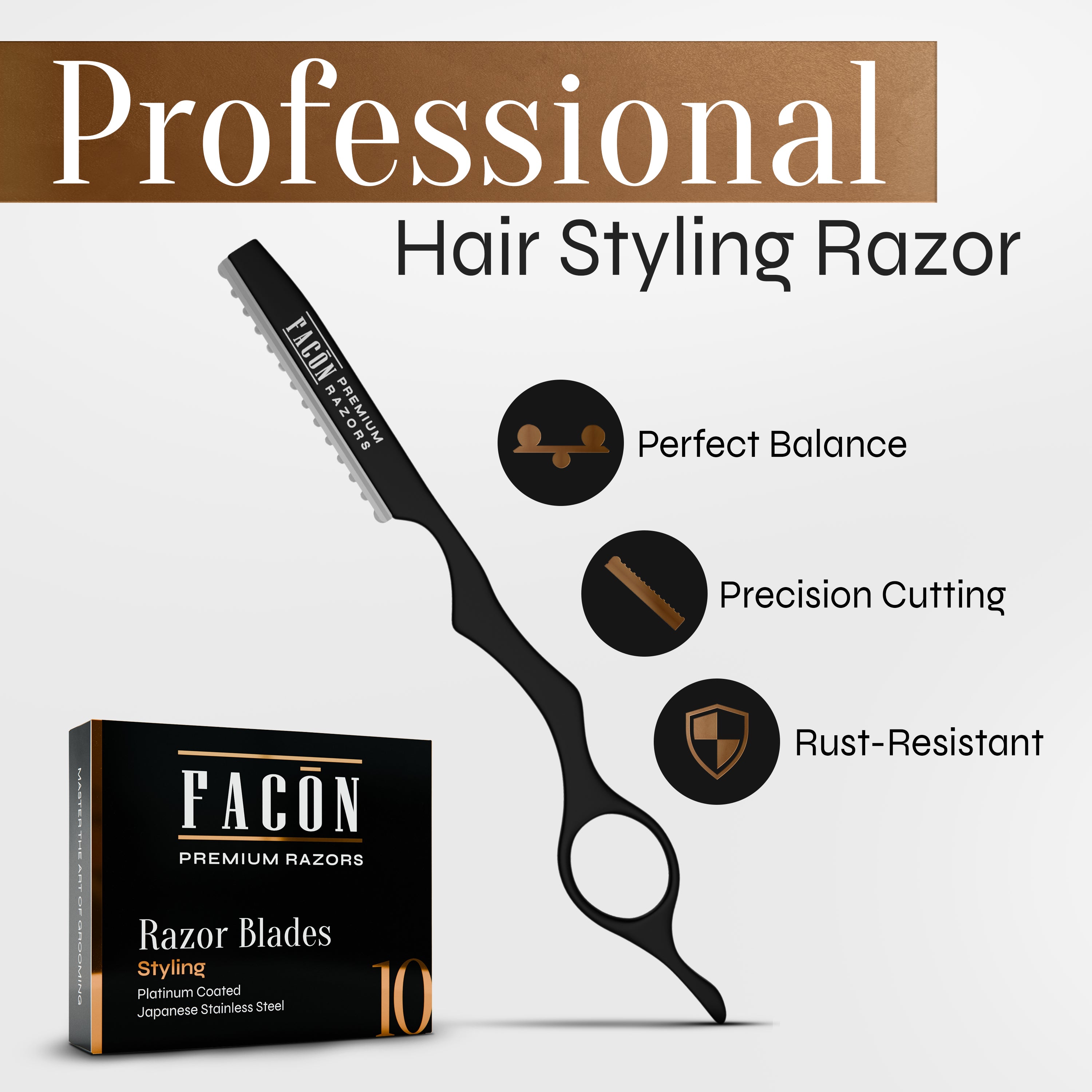 Facón Hair Razors for Cutting Hair - Professional Hair Styling Razor Kit with 11 Replacement Blades, Stainless Steel Hair Cutting Tool for Salon & Home, Premium Hair Thinning Texturizing Faether Razor