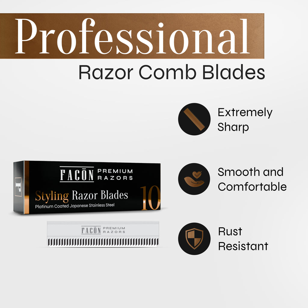Facón Professional Hair Razor Comb Replacement Blades, Styling Razor Blades for Thinning Texturizing Layering Cutting Hair, Premium Platinum Japanese Stainless Steel for Split Ends Trimming - 10 Count