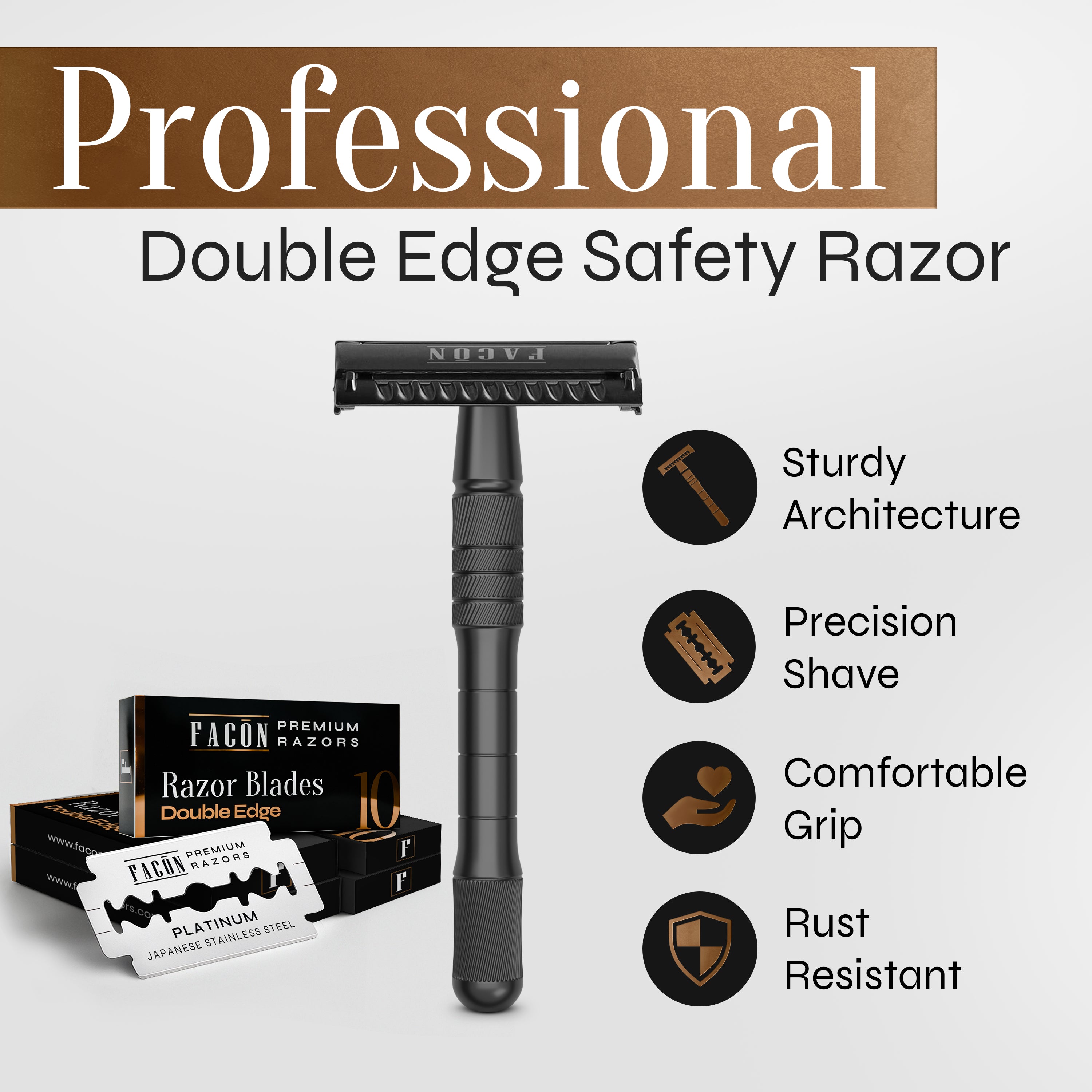 Facón Double Edge Safety Razor for Men & Women - Butterfly Open Stainless Steel Razor w/ 50 Platinum Double Edge Safety Razor Blades, Single Blade Razor for Smooth Close Shave, Reusable & Eco-Friendly