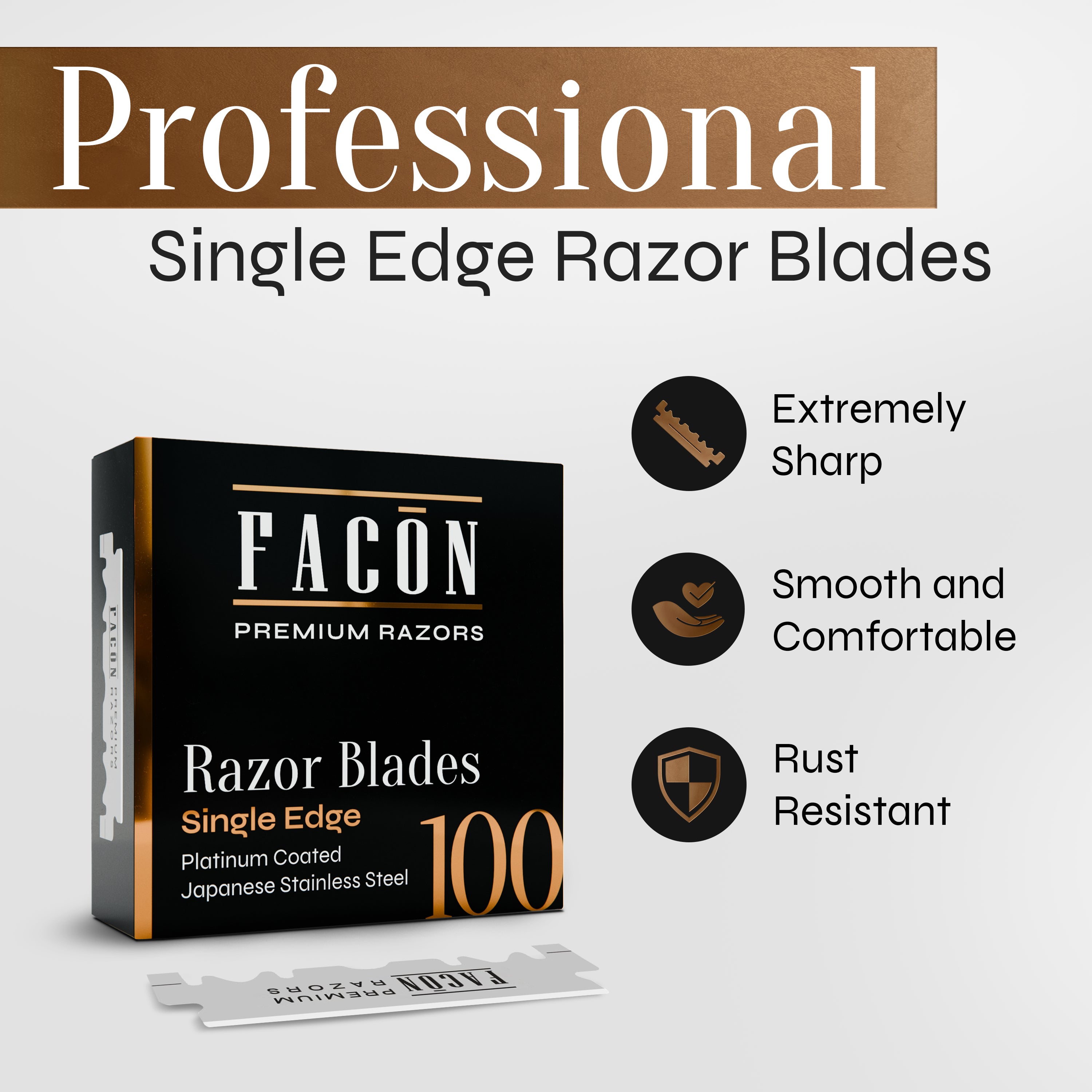 100 Facón Single Edge Razor Blades for Barber Straight Razor, Straight Razor Blades for Shaving, Platinum Japanese Stainless Steel for Smooth & Precise Shave, Premium Replacement Barber Razor Blade