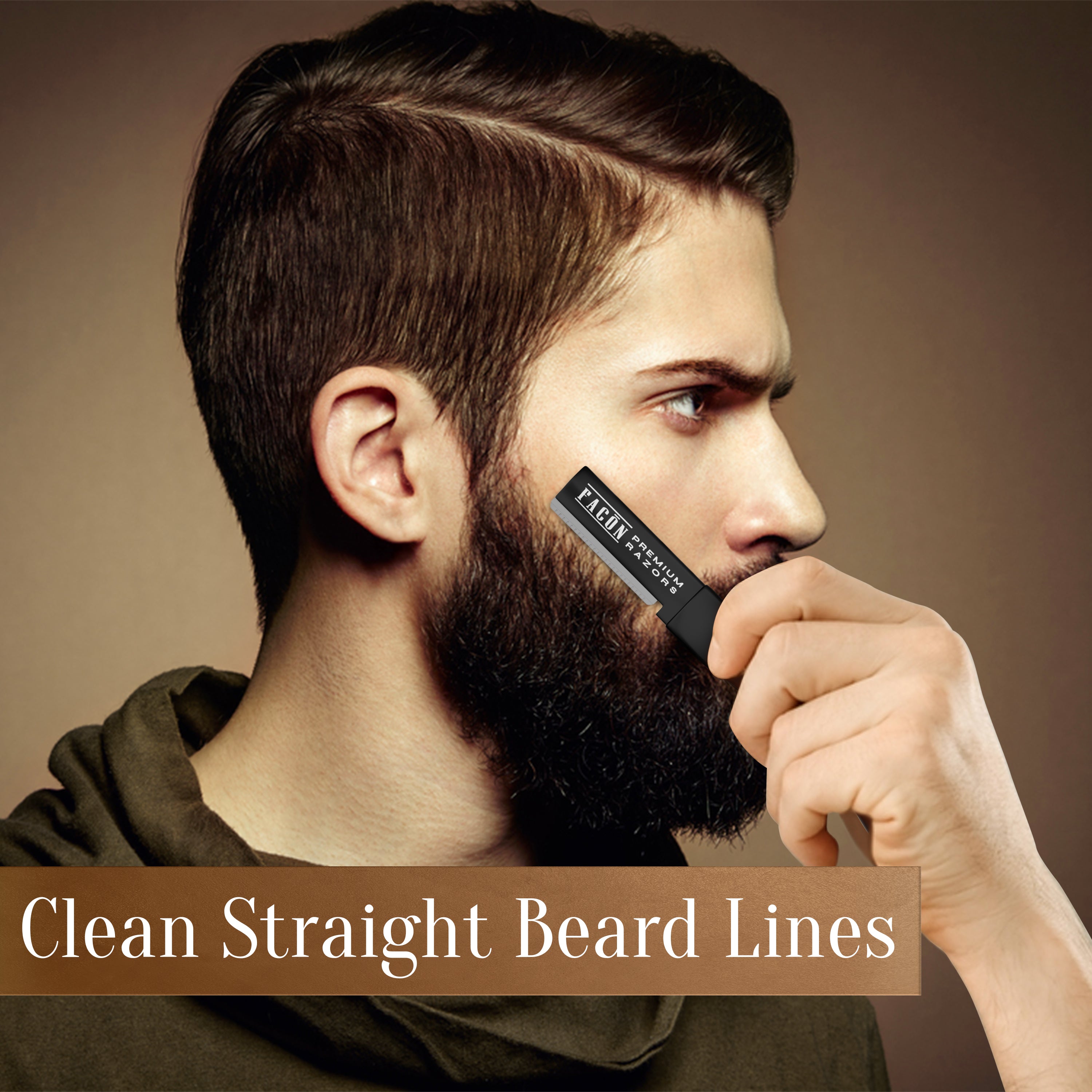 Facón Beard Razor for Men - Professional Beard Shaping Tool Grooming Kit with 11 Replacement Blades, Mustache Shaper, Edger & Lineup, Premium Precision Straight Edge Razor 100% Stainless Steel Blade