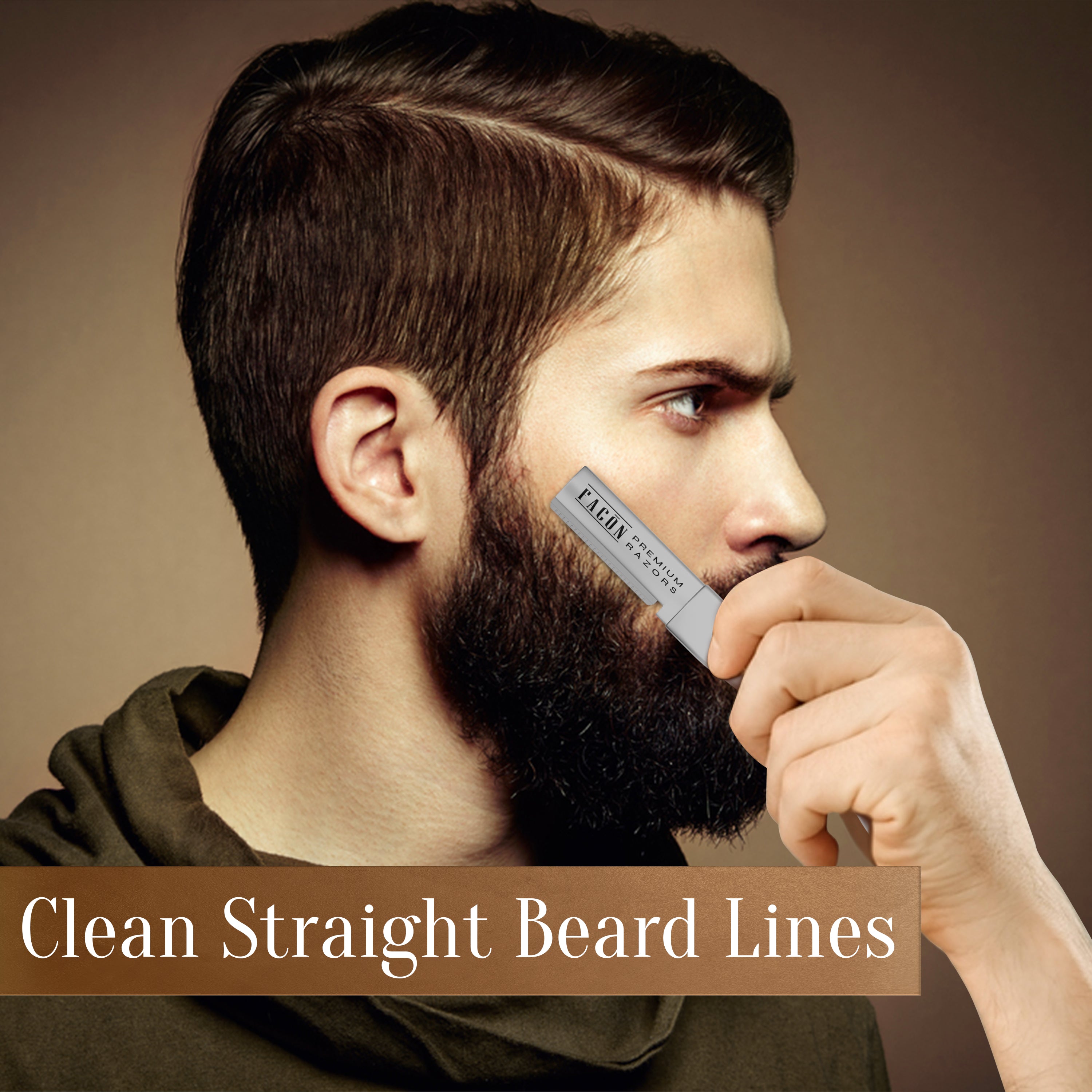 Facón Beard Razor for Men - Professional Beard Shaping Tool Grooming Kit with 11 Replacement Blades, Mustache Shaper, Edger & Lineup, Premium Precision Straight Edge Razor 100% Stainless Steel Blade