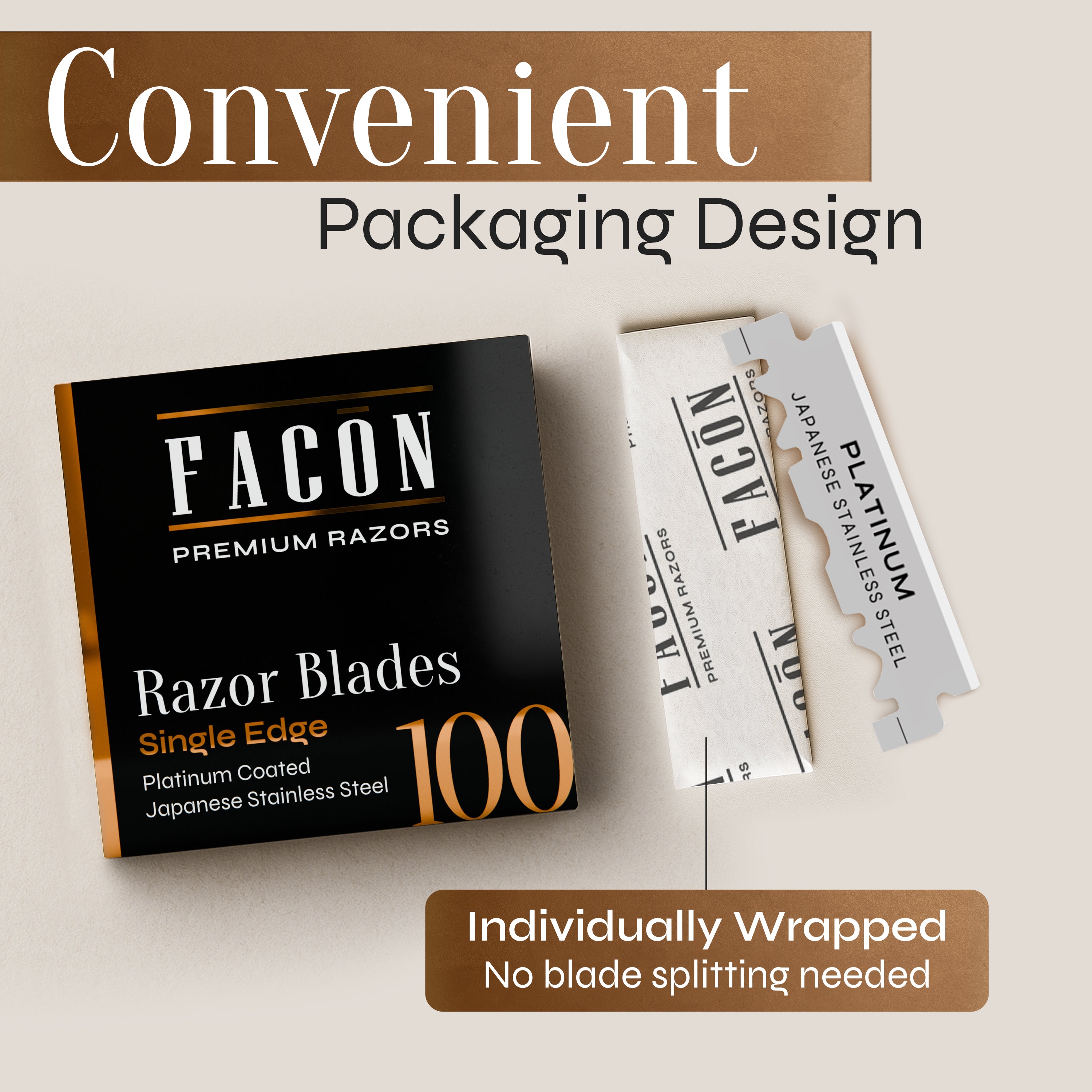 100 Facón Single Edge Razor Blades for Barber Straight Razor, Straight Razor Blades for Shaving, Platinum Japanese Stainless Steel for Smooth & Precise Shave, Premium Replacement Barber Razor Blade