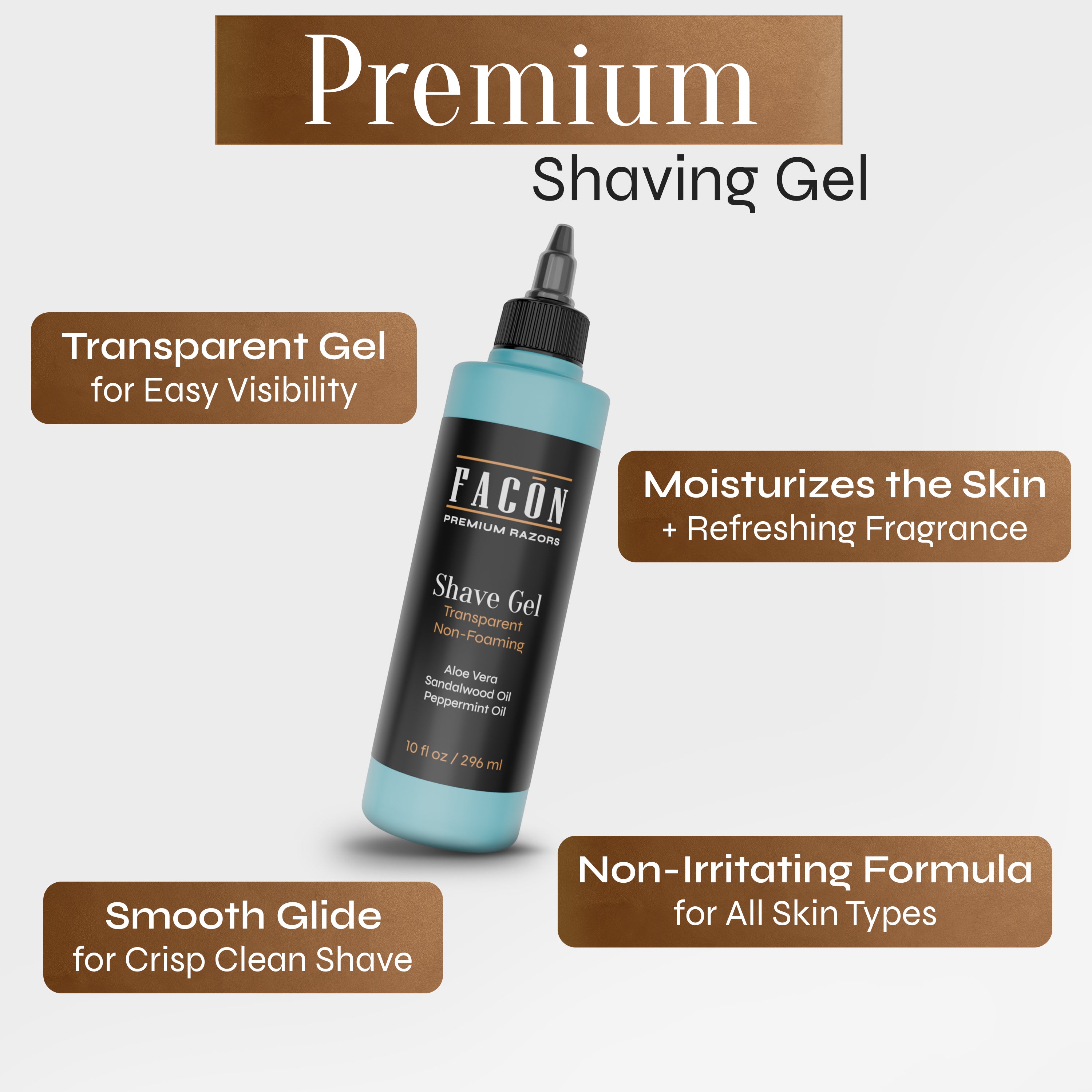 Facón Transparent Shaving Gel for Men w/Aloe Vera, Cooling Menthol, Peppermint & Sandalwood Oil Scent – Clear Non Foaming Straight Razor Shave Gel, Barber Shaving Gel to Prevent Razor Bumps, 10 fl oz