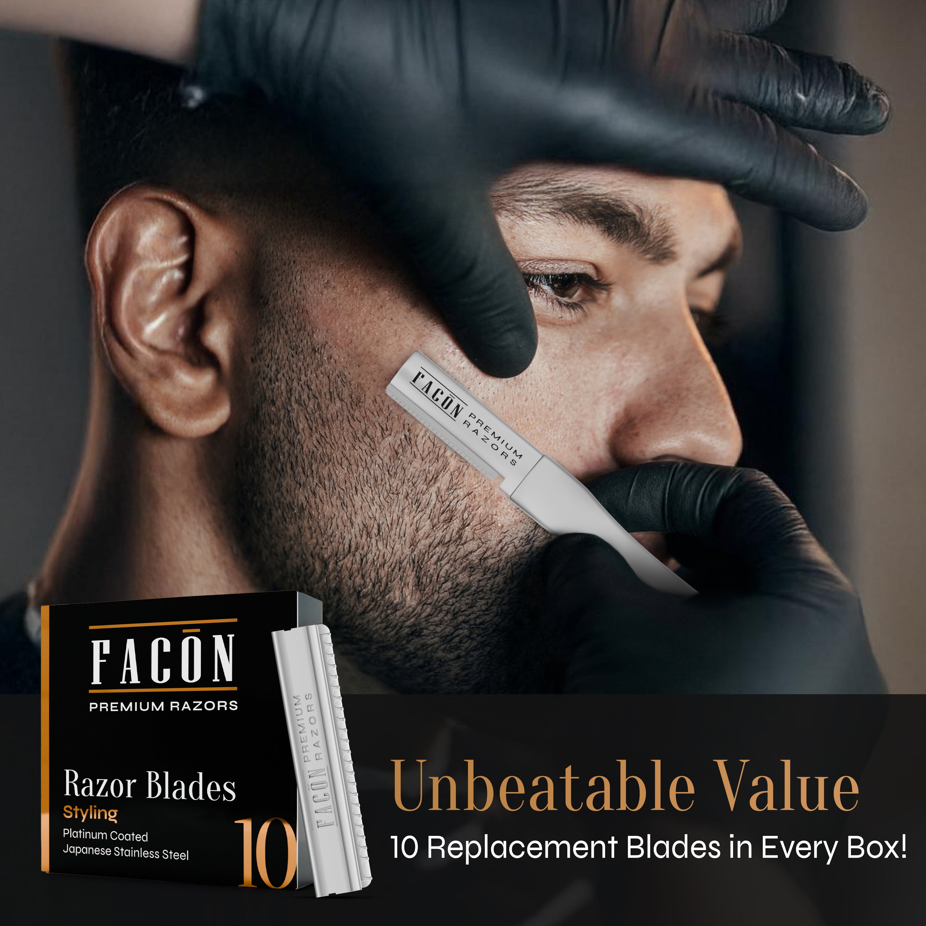 Facón Beard Razor for Men - Professional Beard Shaping Tool Grooming Kit with 11 Replacement Blades, Mustache Shaper, Edger & Lineup, Premium Precision Straight Edge Razor 100% Stainless Steel Blade
