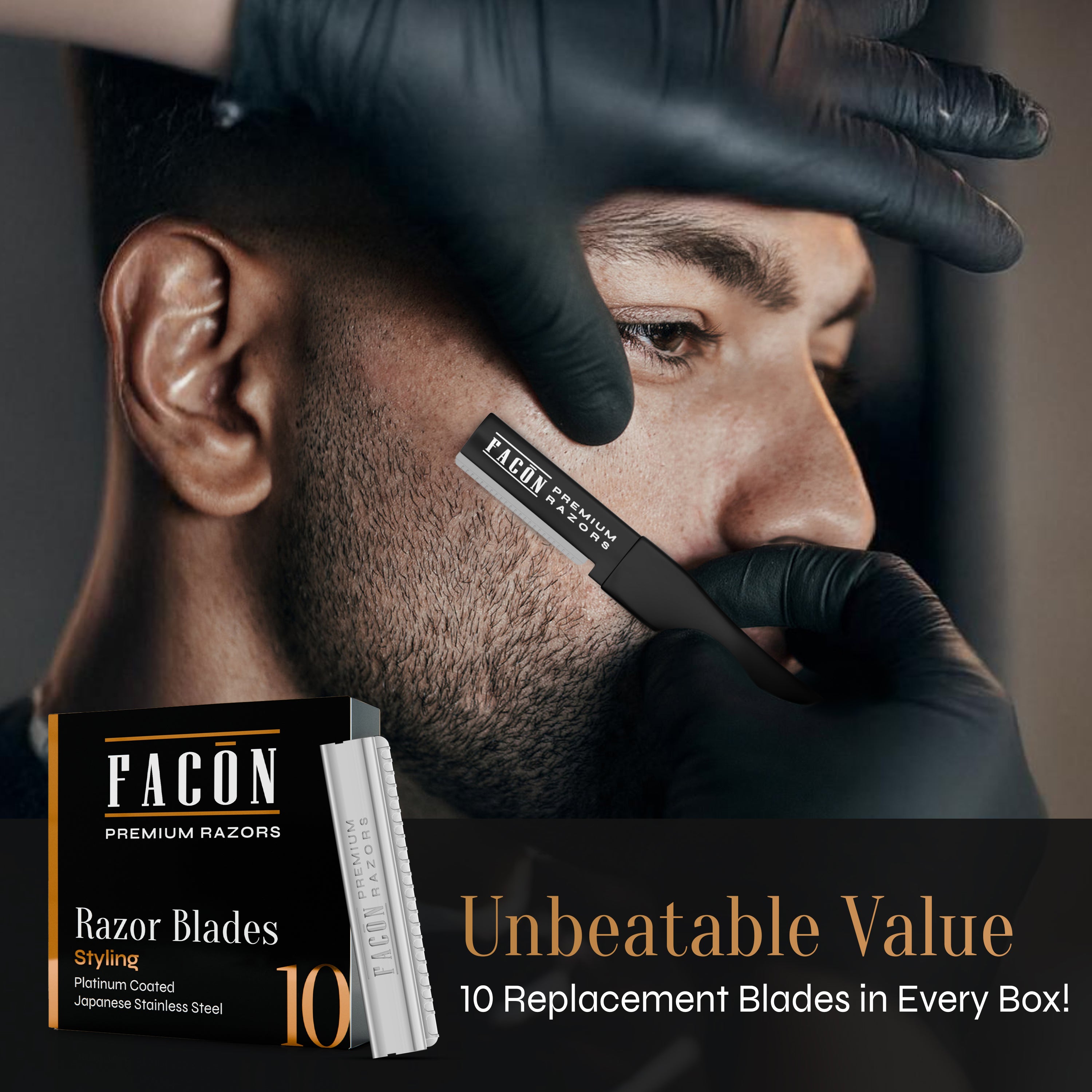 Facón Beard Razor for Men - Professional Beard Shaping Tool Grooming Kit with 11 Replacement Blades, Mustache Shaper, Edger & Lineup, Premium Precision Straight Edge Razor 100% Stainless Steel Blade