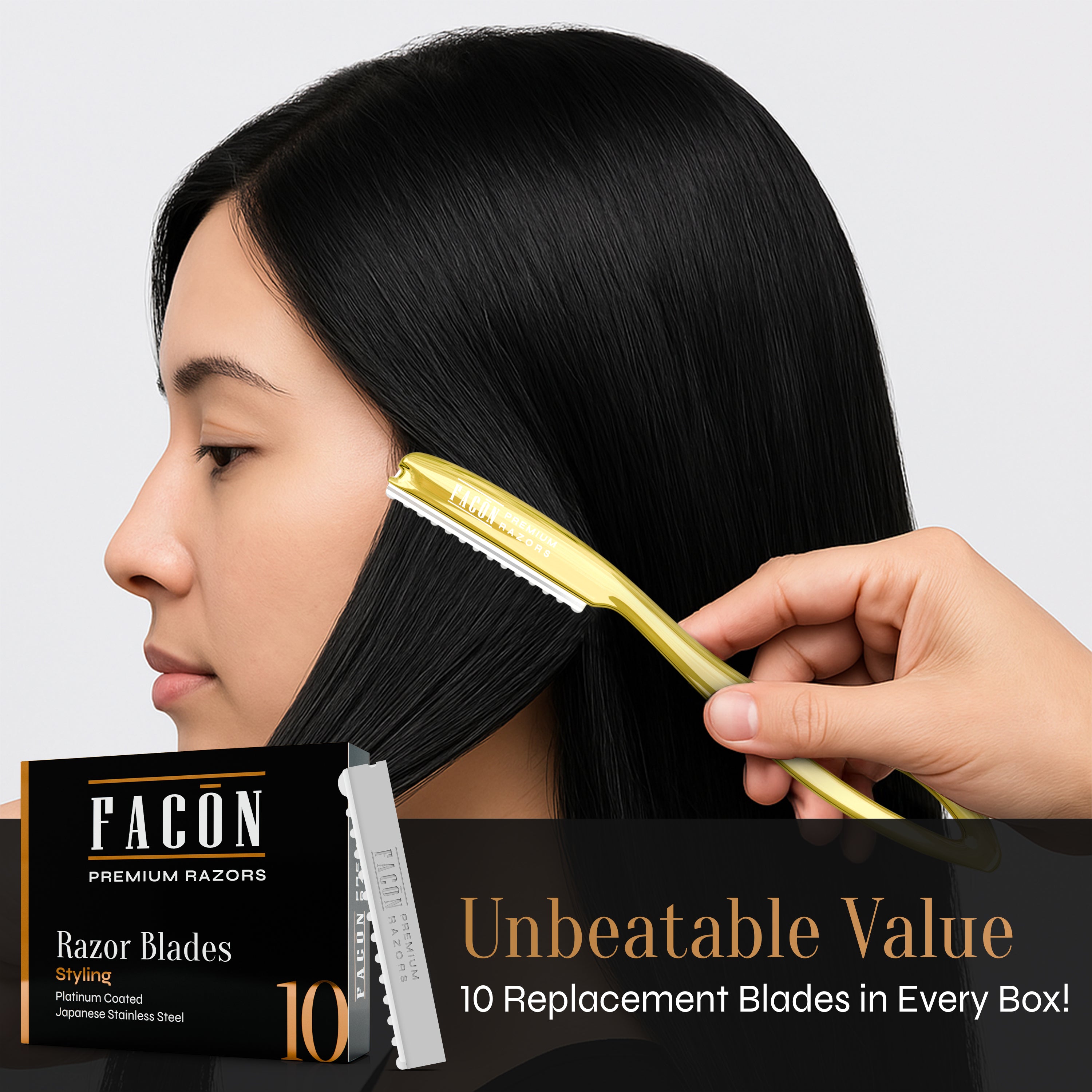 Facón Hair Razors for Cutting Hair - Professional Hair Styling Razor Kit with 11 Replacement Blades, Stainless Steel Hair Cutting Tool for Salon & Home, Premium Hair Thinning Texturizing Faether Razor