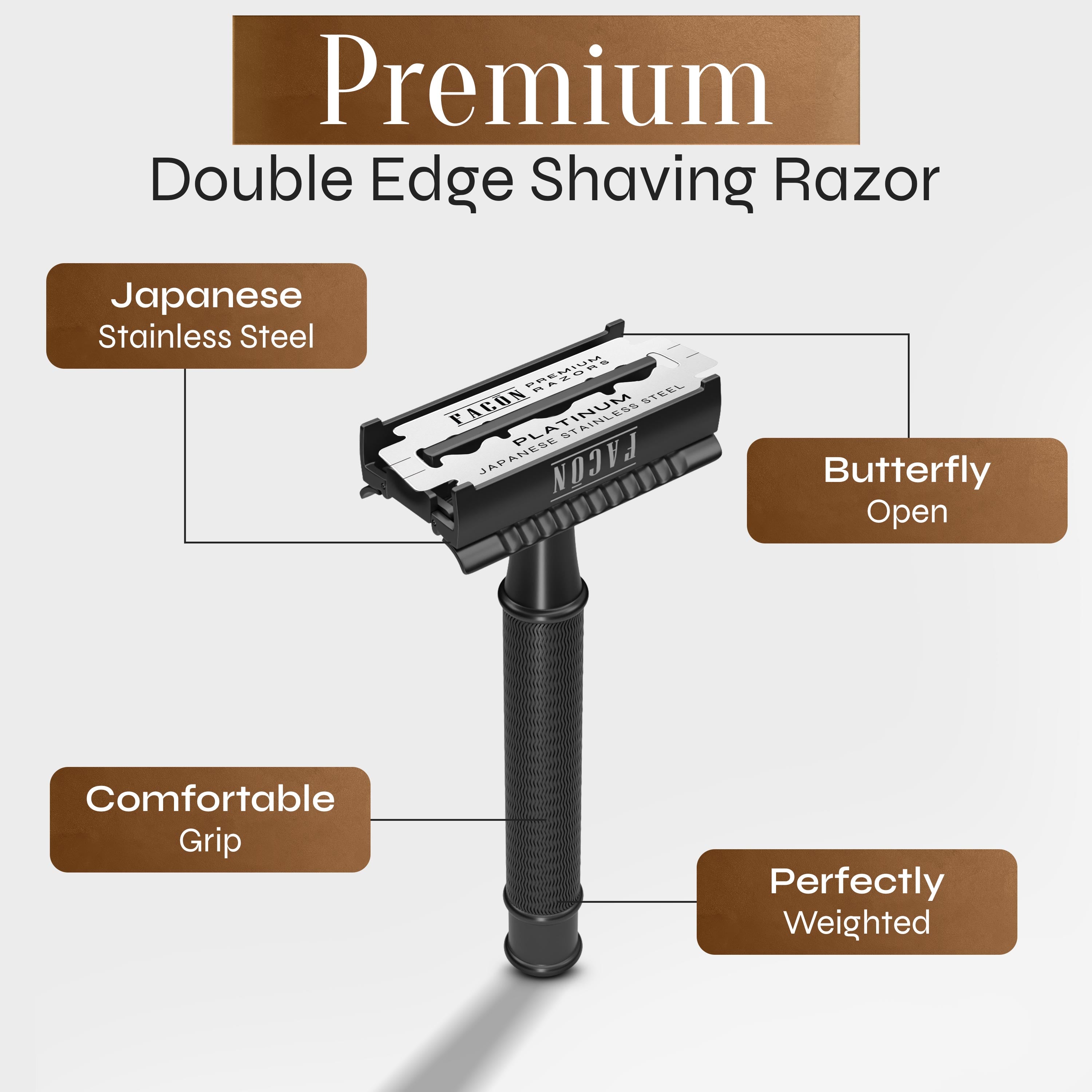 Facón Double Edge Safety Razor for Men & Women - Butterfly Open Stainless Steel Razor w/ 50 Platinum Double Edge Safety Razor Blades, Single Blade Razor for Smooth Close Shave, Reusable & Eco-Friendly