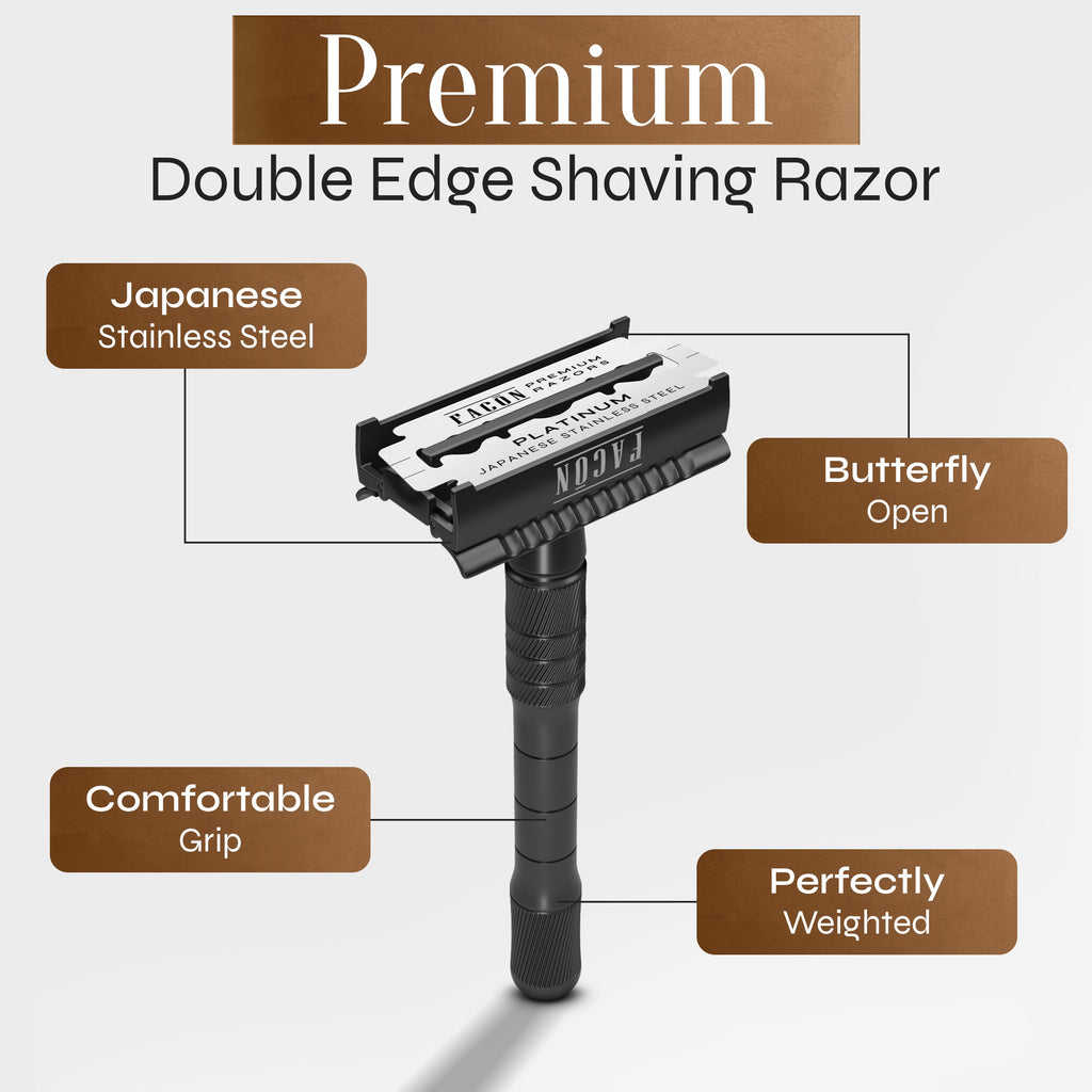 Facón Double Edge Safety Razor for Men & Women - Butterfly Open Stainless Steel Razor w/ 50 Platinum Double Edge Safety Razor Blades, Single Blade Razor for Smooth Close Shave, Reusable & Eco-Friendly