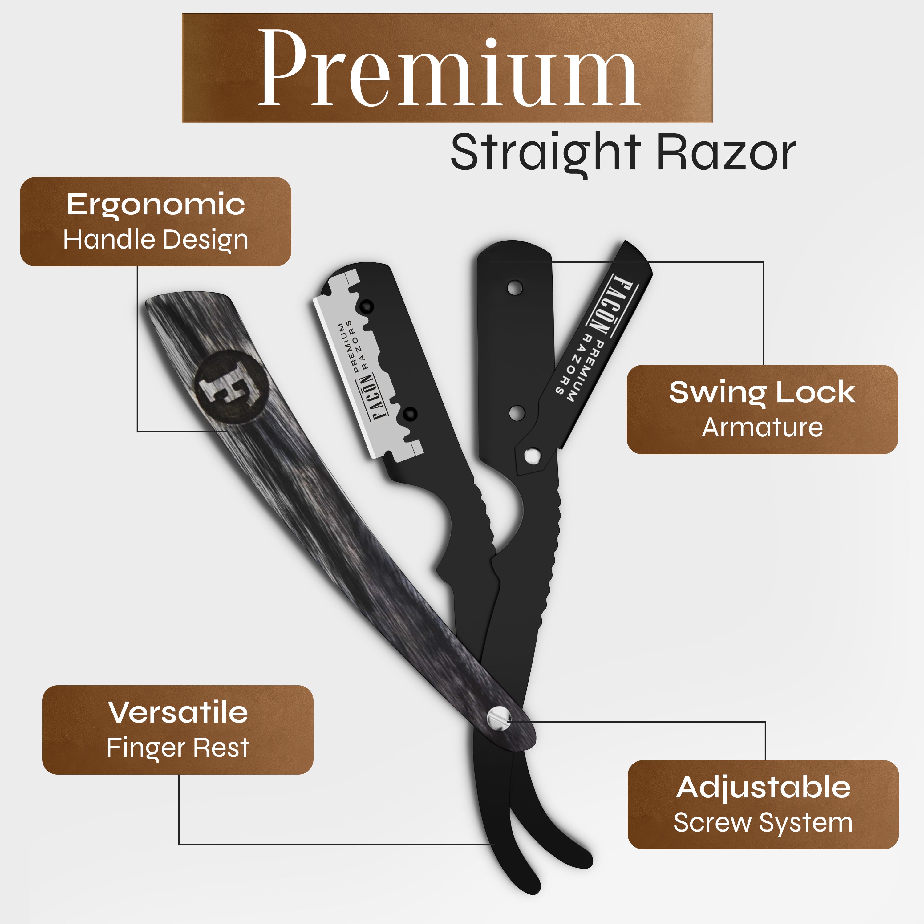 Facón Straight Razors for Men - Professional Barber Straight Edge Razor Kit with 100 Blades, Wooden Stainless Steel Barbero Shaver for a Smooth & Precise Shave, Premium Barber Razor for Men's Shaving